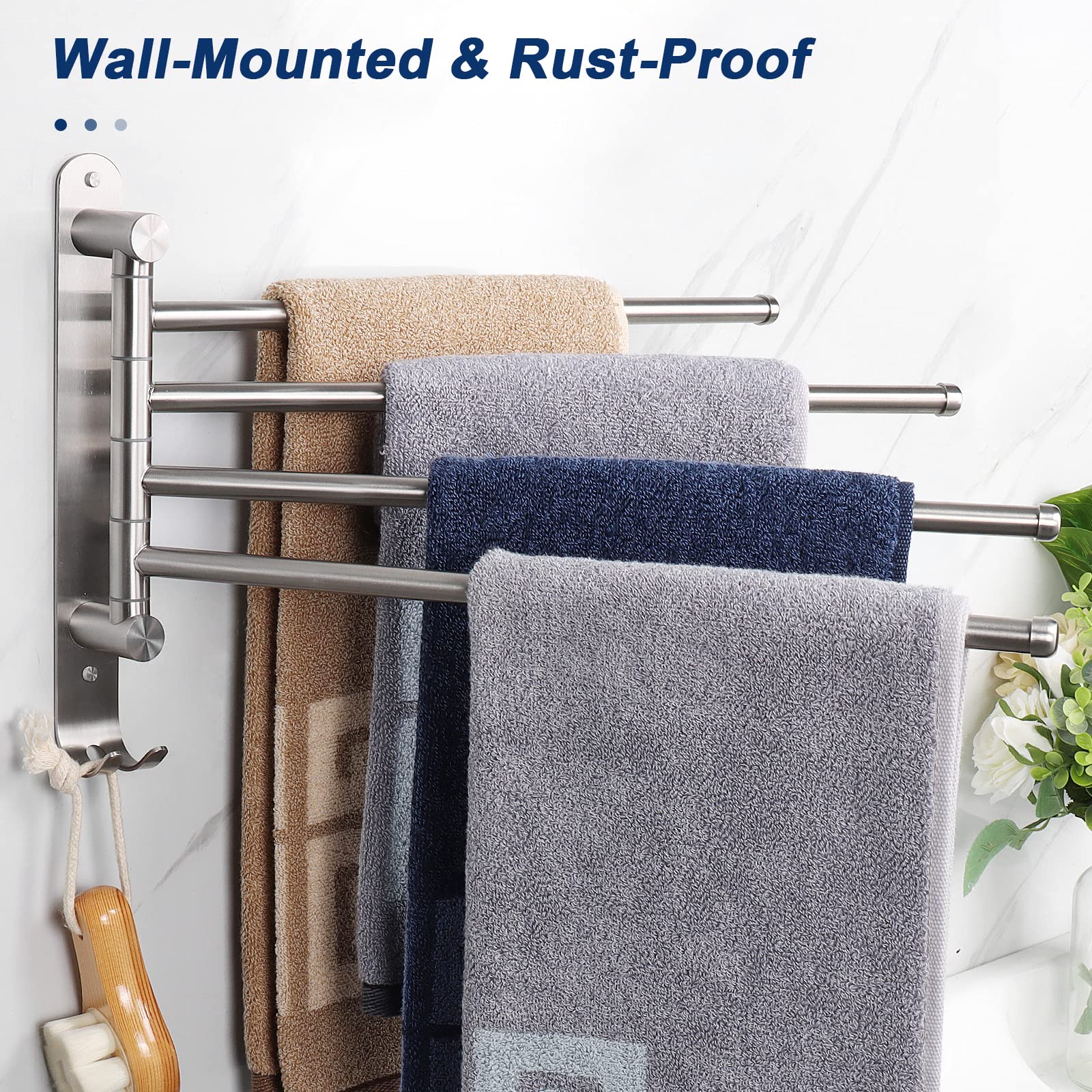 NearMoon Swivel Towel Rack  Thicken SUS304 Stainless Steel 4-Arm Towel Bar  Space Saving Wall Mounted Towel Holder with Hook  Rustproof Swing Out Towel Hanger for Bathroom  Kitchen (Brushed Nickel)