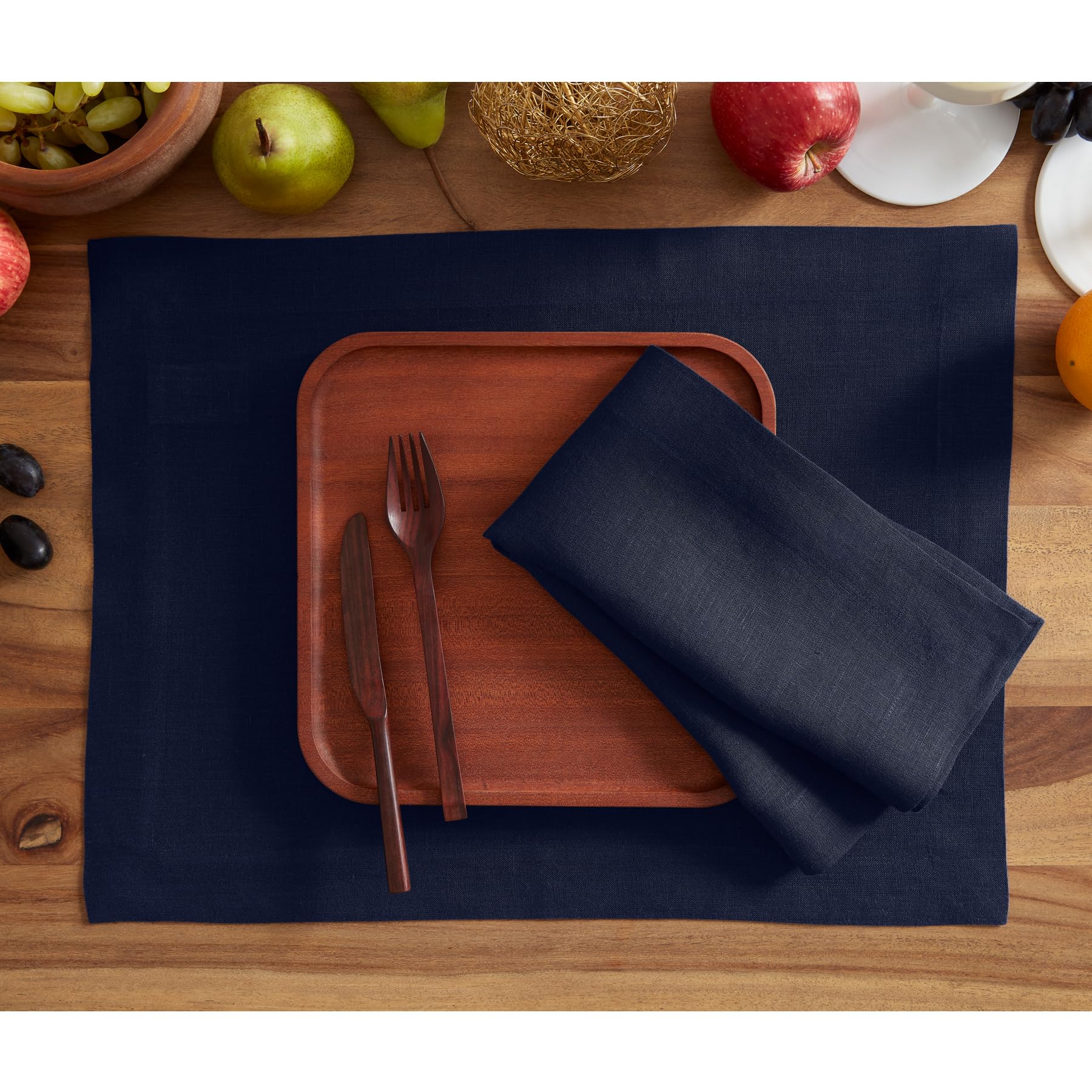Solino Home Linen Placemats 19'' L X 14'' W Inch - 100% Pure Linen Indigo Navy Cloth Placemats Set Of 4 - Sonoma, Washable Fabri