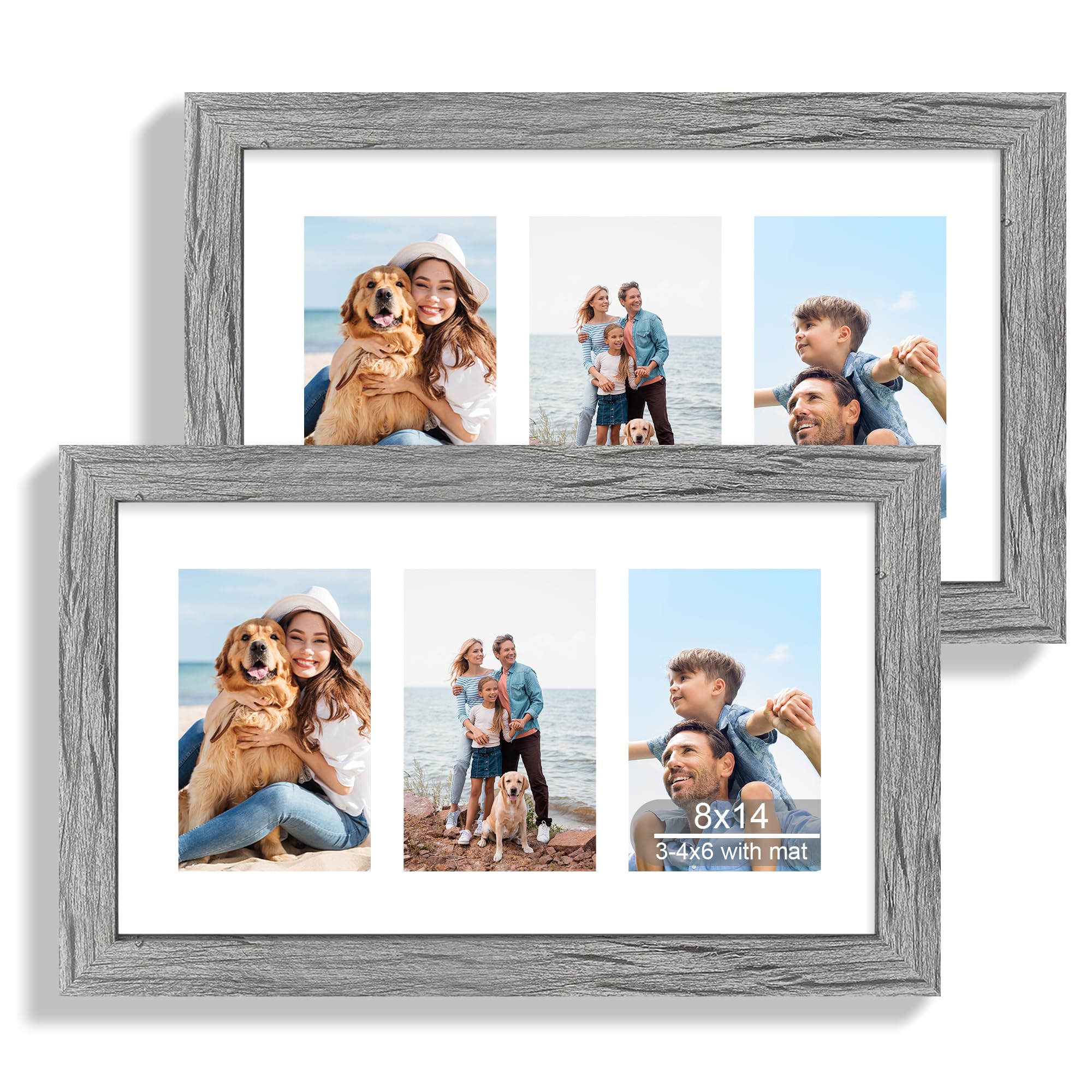 Hongkee 8x14 Picture Frame Set of 2, Rustic Grey Wood Frame with Glass Collage Frame, Display Pictures 3-4x6 With Mat or 8 x 14 