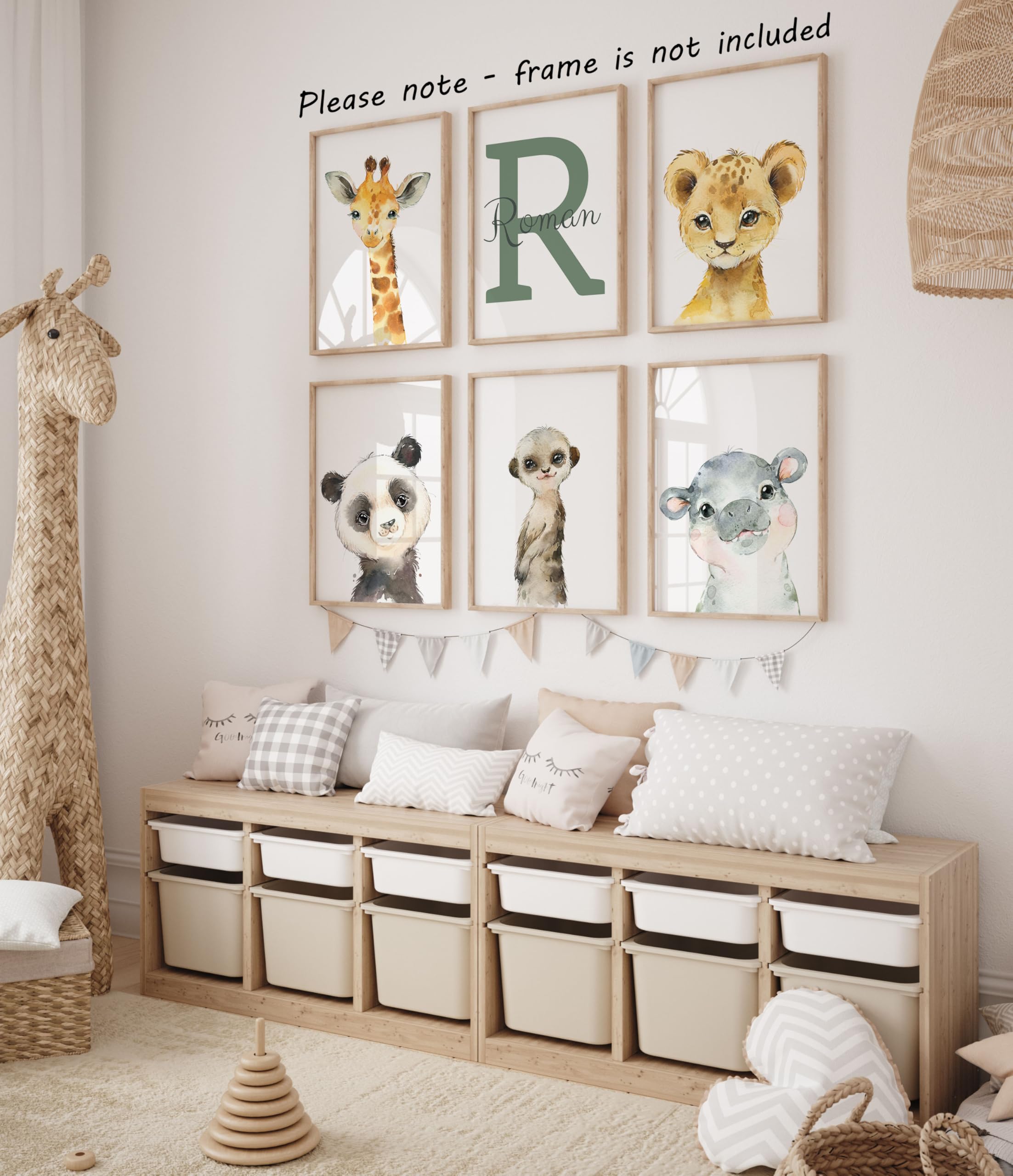 Personalized Safari Animals for Boy Girl Nursery  Set of 6 Unframed Bedroom Poster Prints  Personalized Name Blue Green Yellow  Giraffe Elephant Lion Panda (11x14)