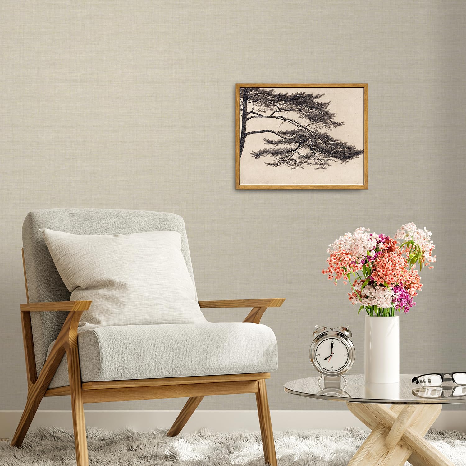 Roslynity Framed Canvas Wall Art Vintage Print Paintings Pine Tree Branch Landscape Nature Rustic Neutral Retro Aesthetic Artwor