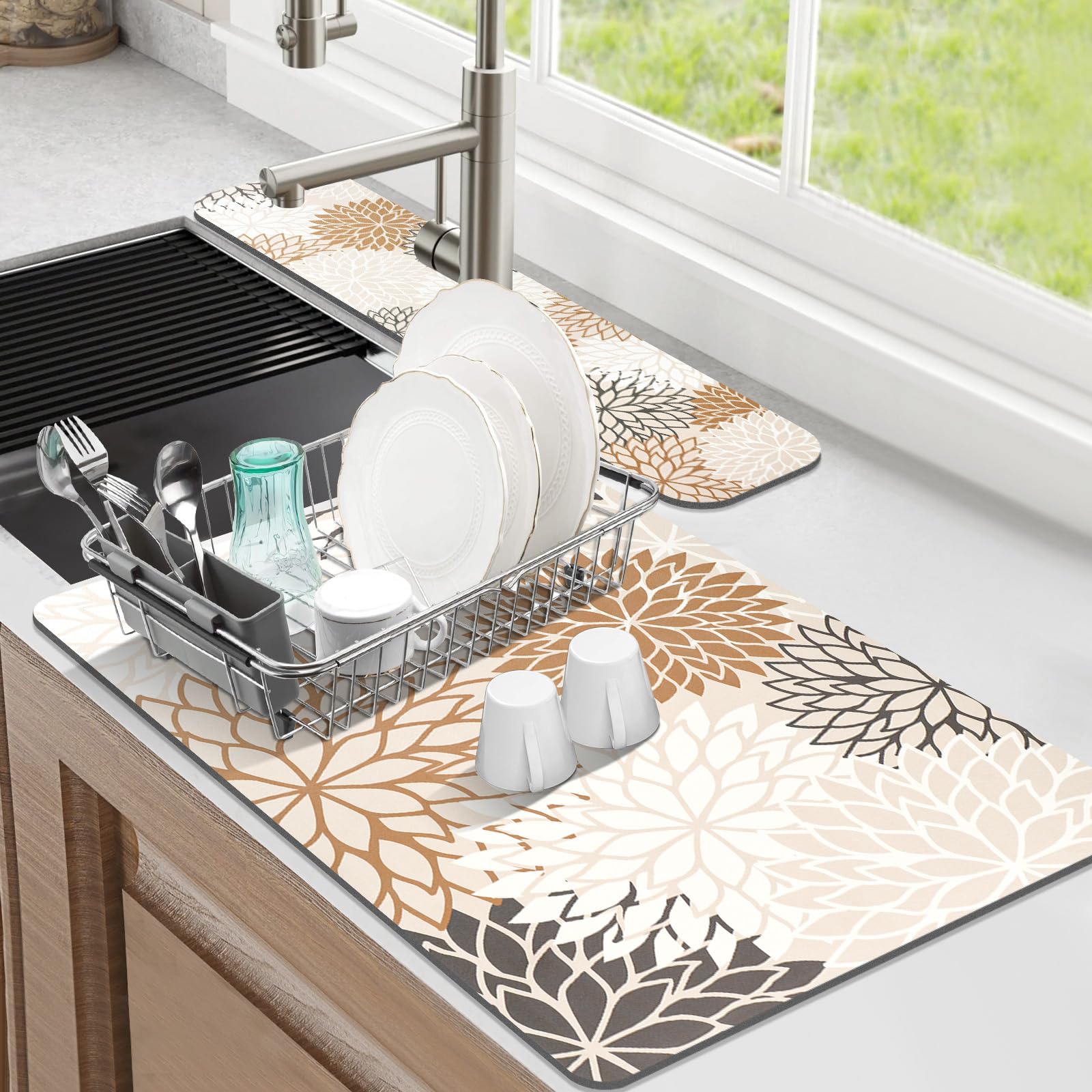 Findosom 2PCS 16 x 24 Dish Drying Mat & 24 x 5.5 Sink Splash Guard, Super Absorbent & Cuttable Dish Mat Drying Kitchen Mat with 