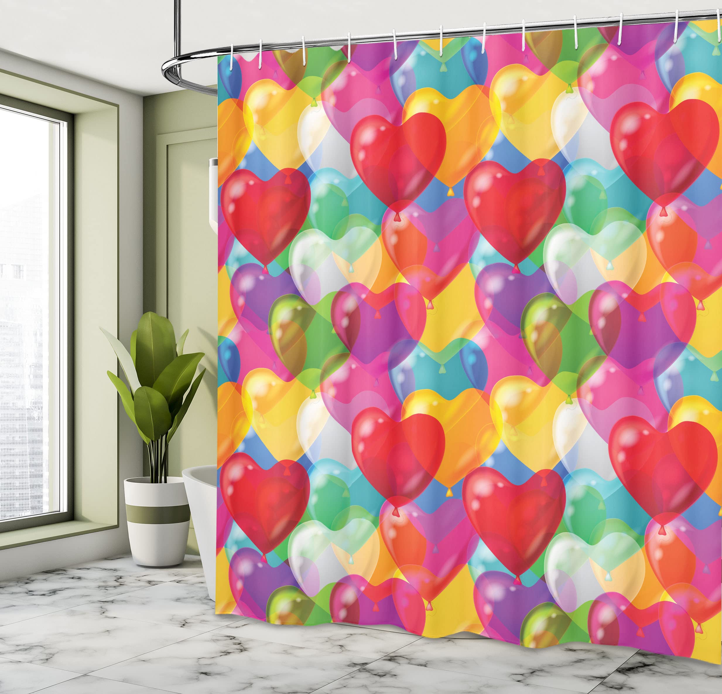 Ambesonne Love Shower Curtain, Heart Shaped Balloons In Colorful Illustration Cheerful Birthday Carnival Happiness, Cloth Fabric