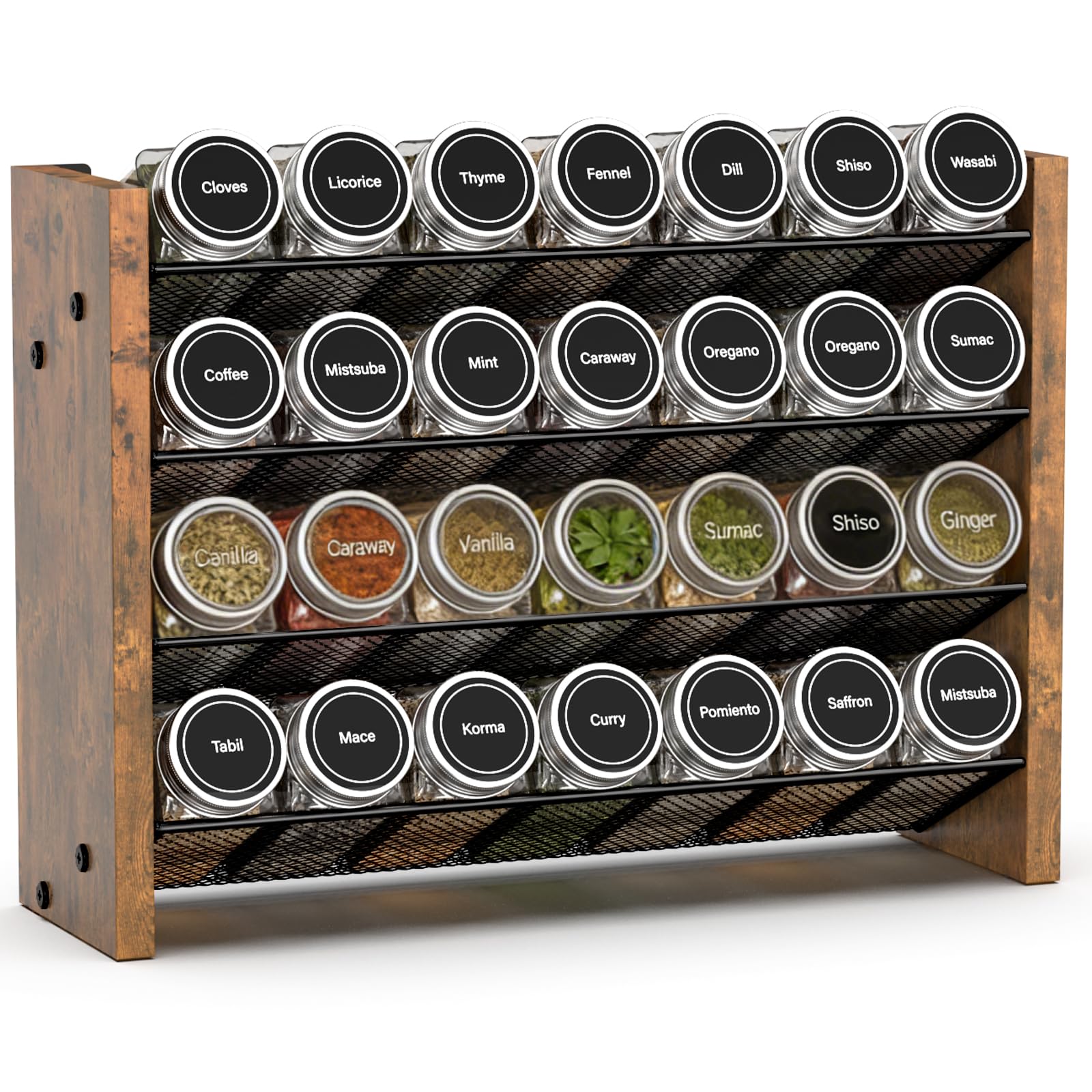 NESAPTO Spice Rack Organizer for Cabinet, Wood 4-Tier Vertical Seasoning Organizer, Wall Mount or Countertop Spice Shelf, Holds 