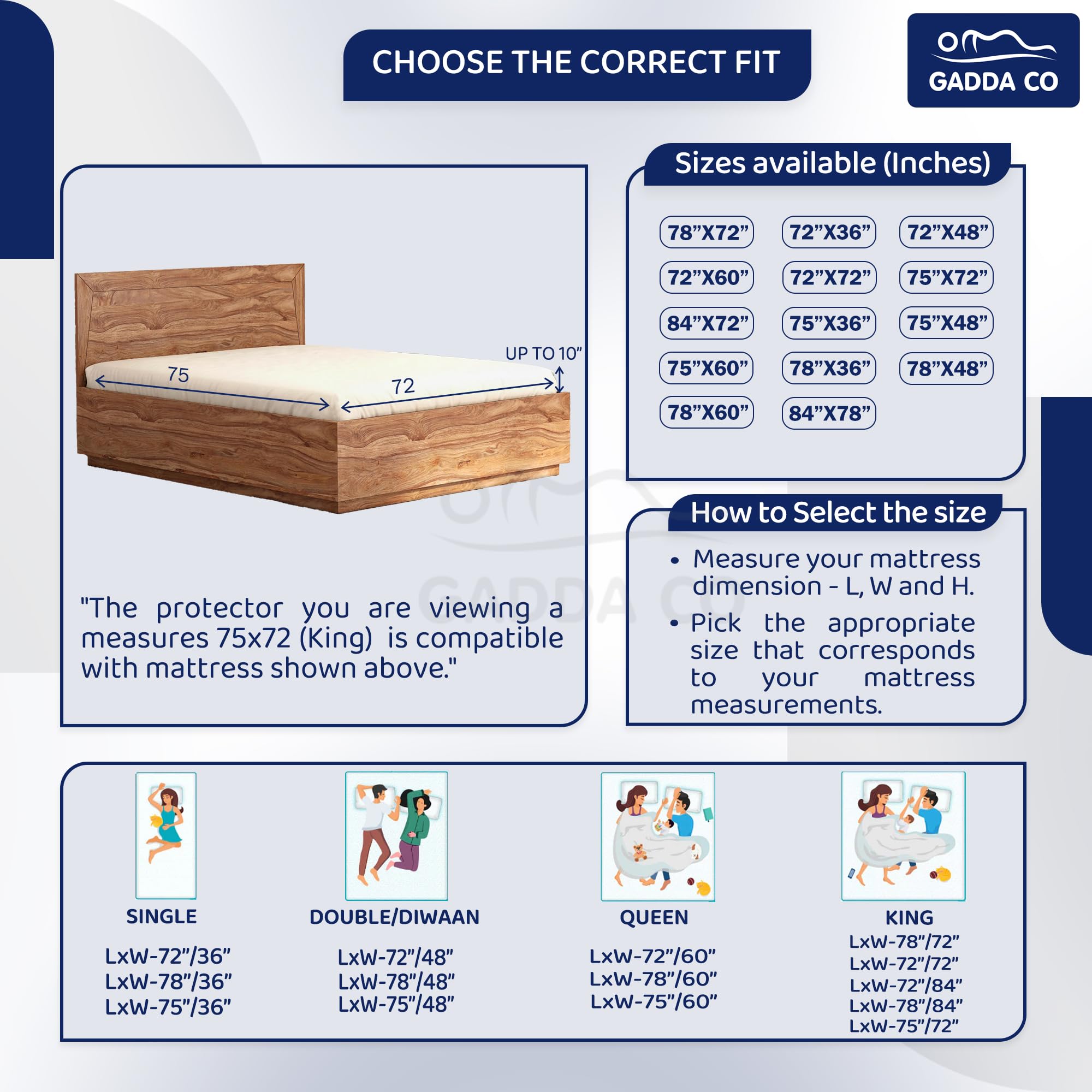 GADDA CO Waterproof Bed Protector Mattress Topper for Duble Bed Cover - 72 * 75 - Coffee
