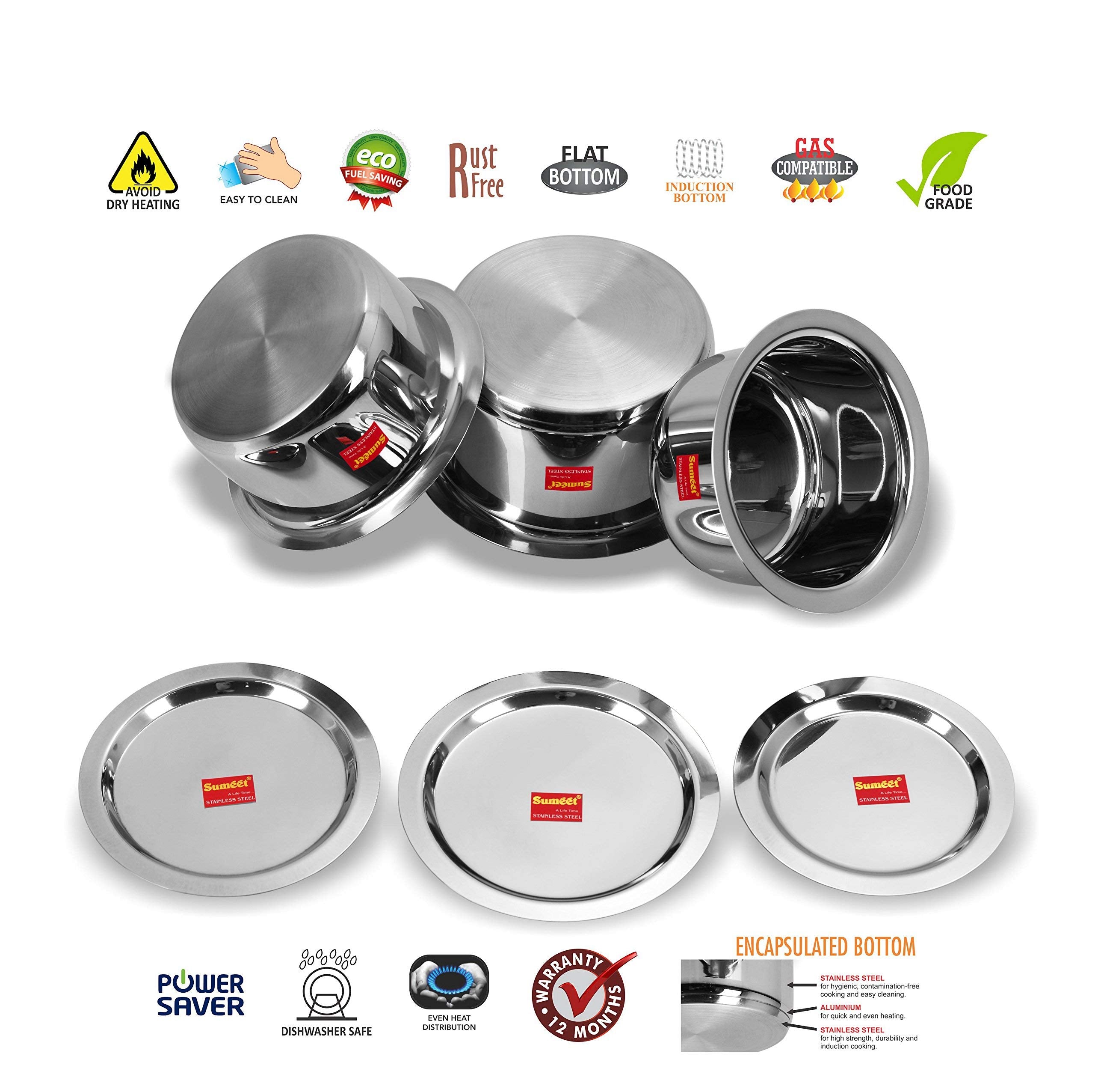 Sumeet 3 Pcs Stainless Steel Induction Bottom (Encapsulated Bottom) Induction & Gas Stove Friendly Container Set/Tope/Cookware S
