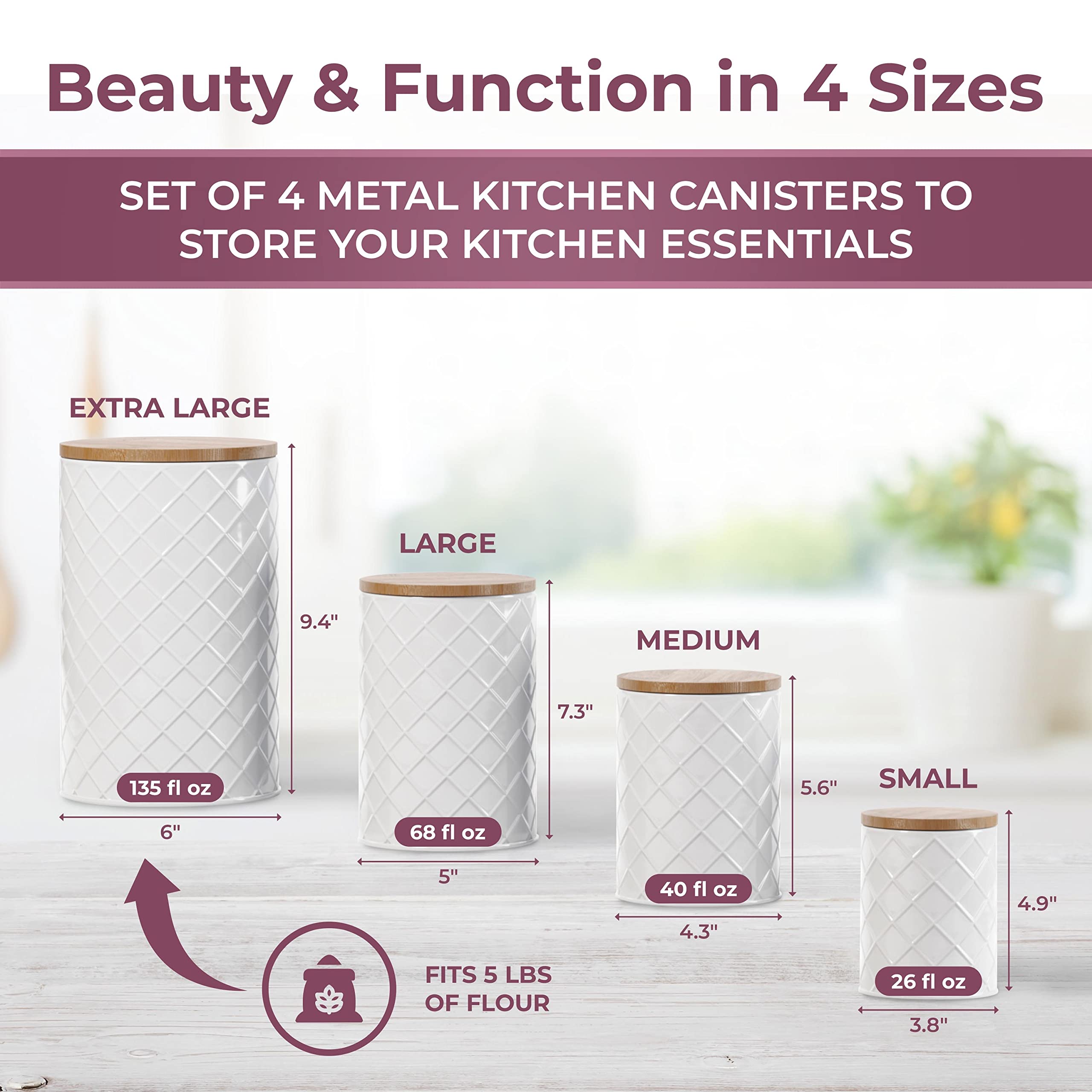 Pebble  Stem White Canister Sets For Kitchen Counter, Kitchen Canisters Set Of 4, Airtight Countertop Flour And Sugar Containers
