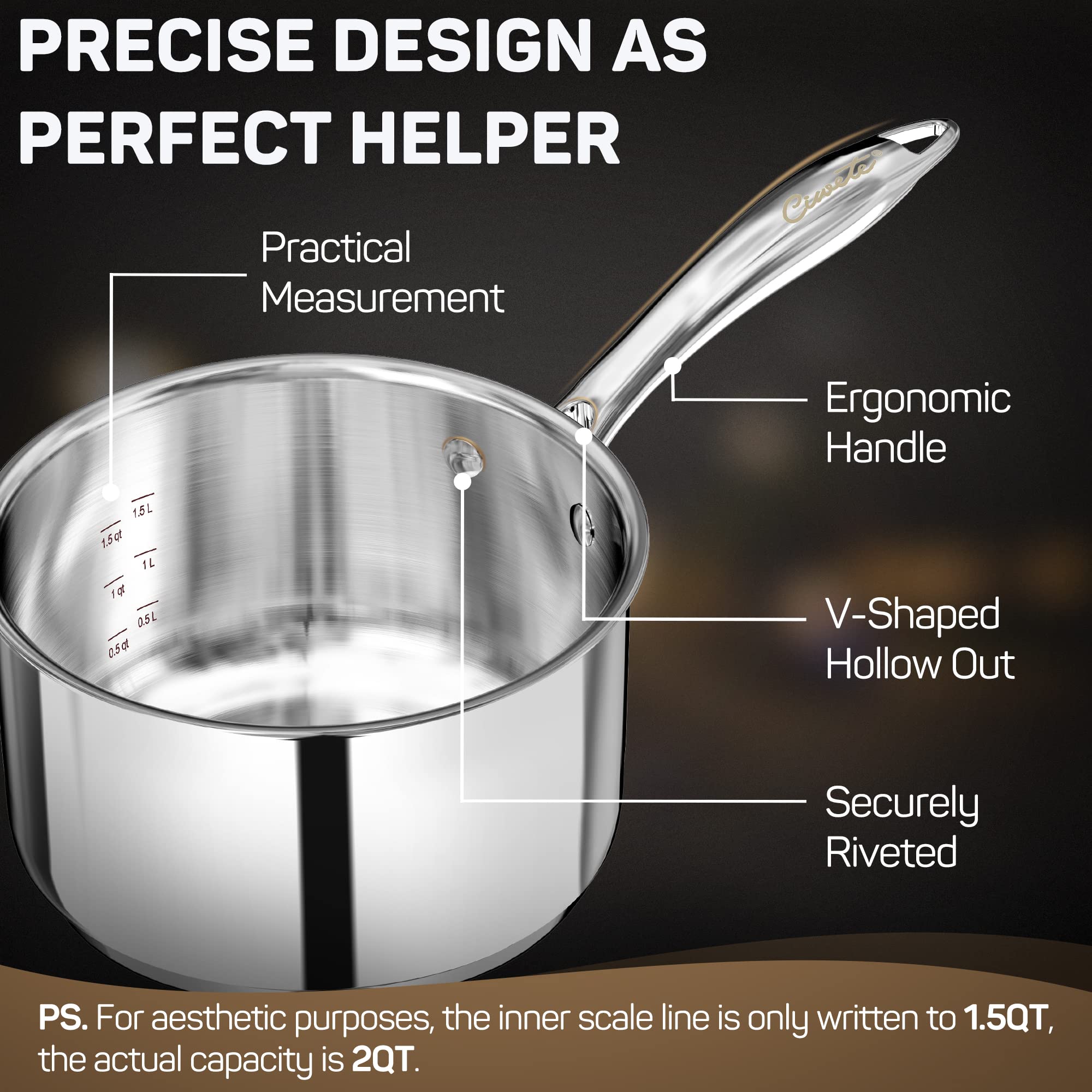 Ciwete 2 Quart Sauce Pan With Lid, Tri Ply Stainless Steel Saucepan 2 Qt With Stainless Steel Lid, 2 Measuring Lines, Upgraded P