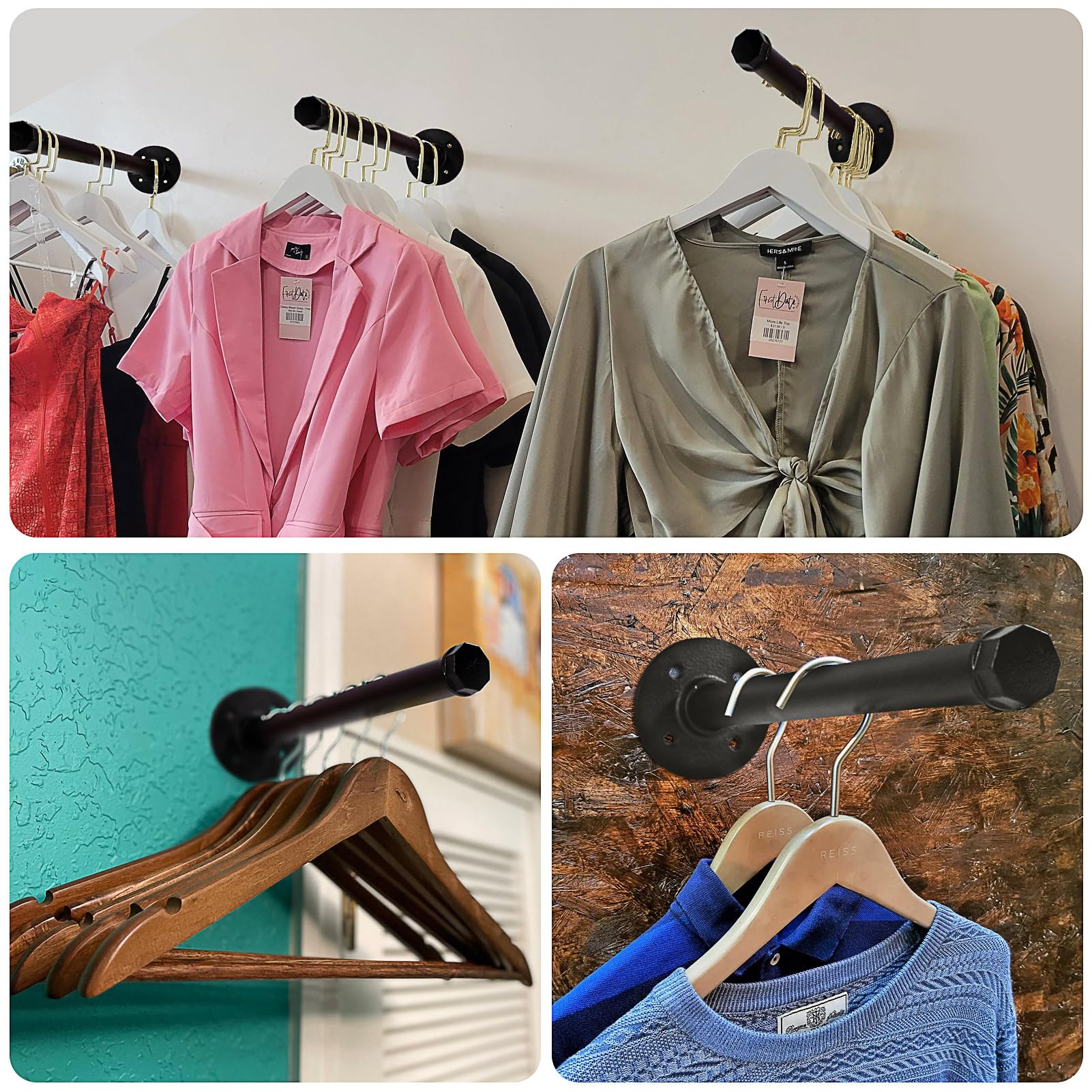 Pintuson 6 Pcs Industrial Pipe Clothes Bar 12 Inch - Wall Mount Clothing Rack - Face Out Wall Clothing Rods For Commercial Retai