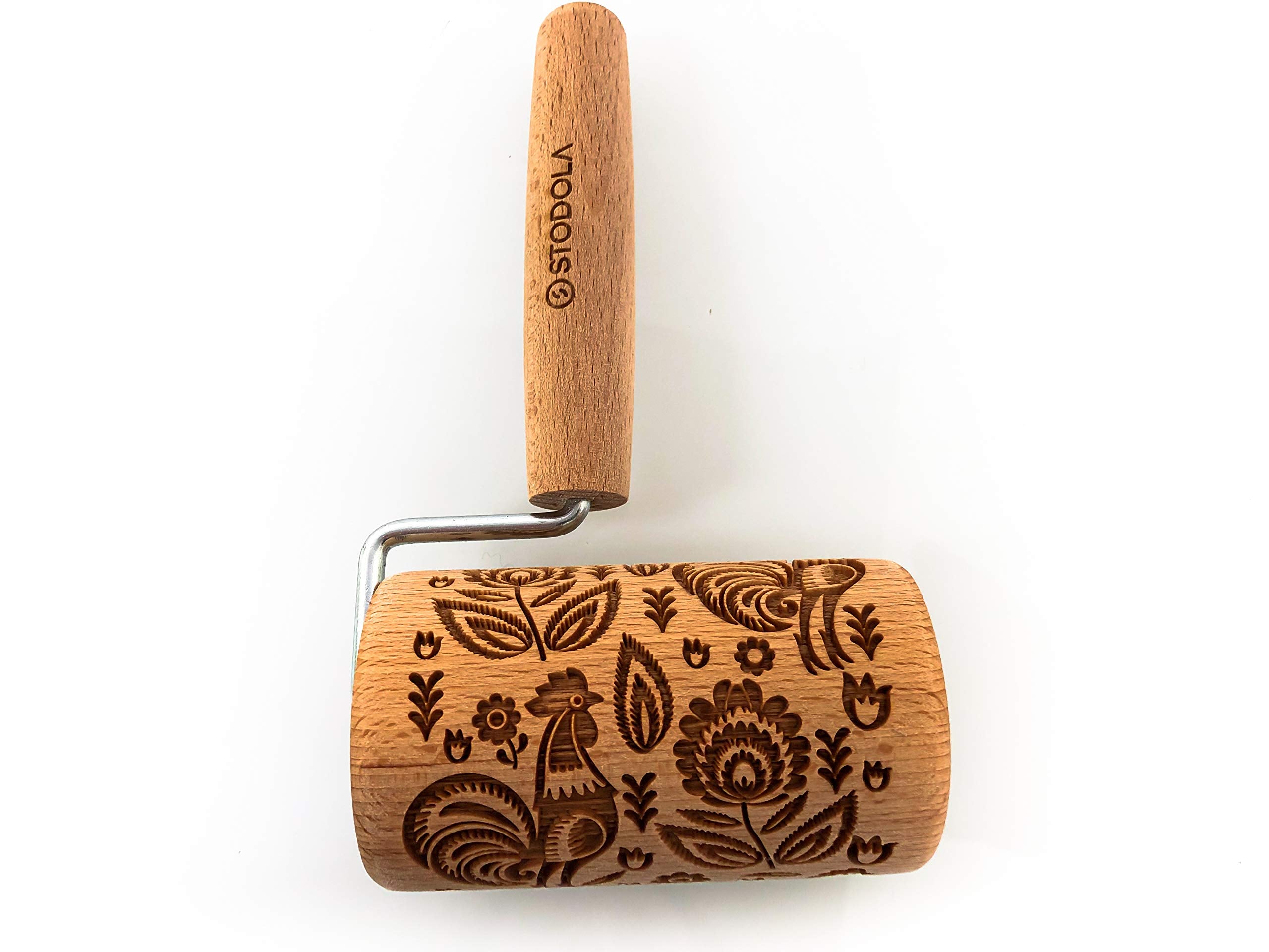 Engraved Mini Rolling Pin With Pattern For Embossed Cookies (Folk Rooster)