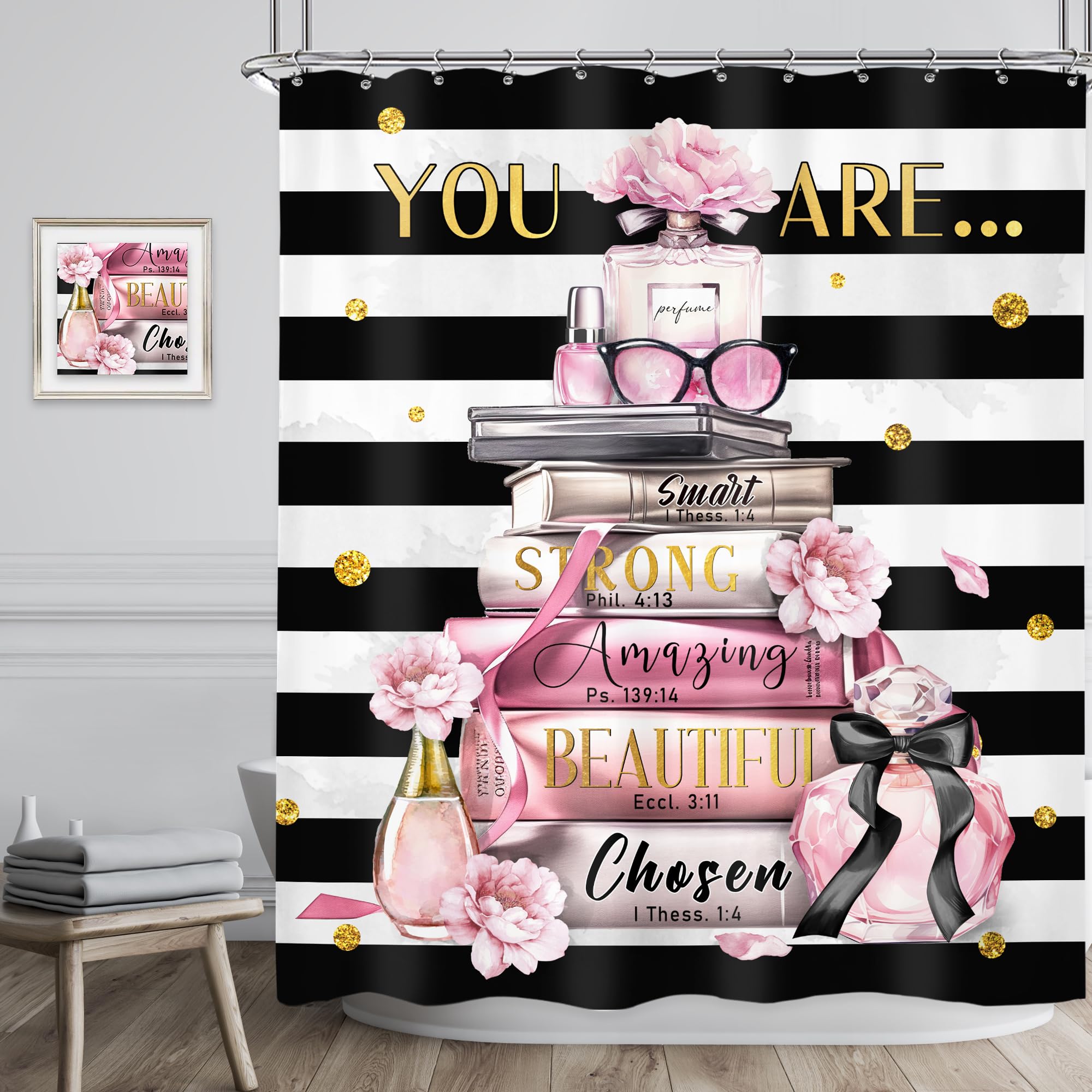 Riyidecor Fashion Quotes Shower Curtain 60Wx72H Inch Woman Black White Striped You Are Pink Modern Magazine Books Perfume Flower