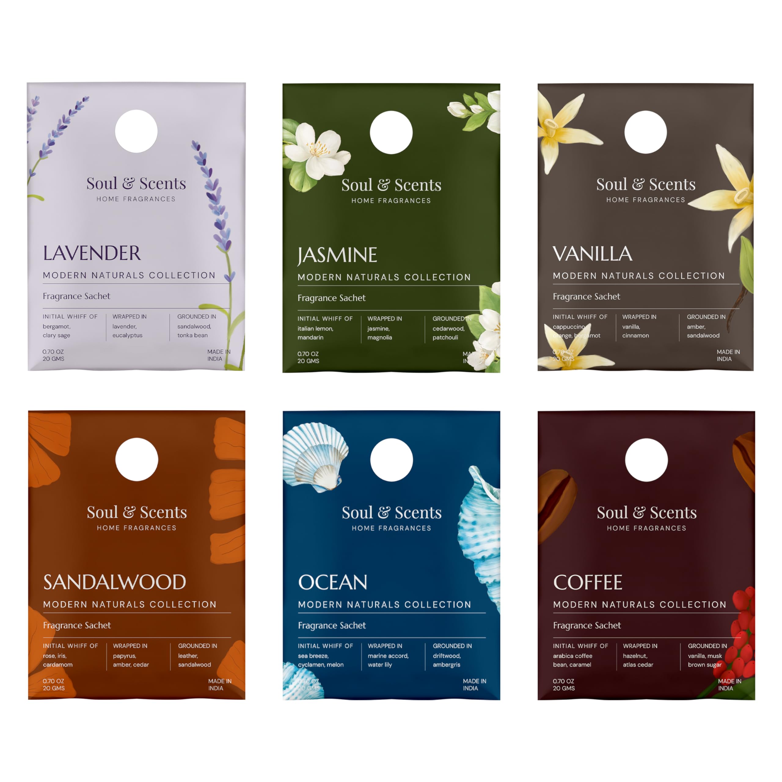 Soul & Scents Fragrance Sachet Pack Of 6-20Gm Each | Lavender, Jasmine, Vanilla, Sandalwood, Ocean & Coffee - Versatile Air Fres