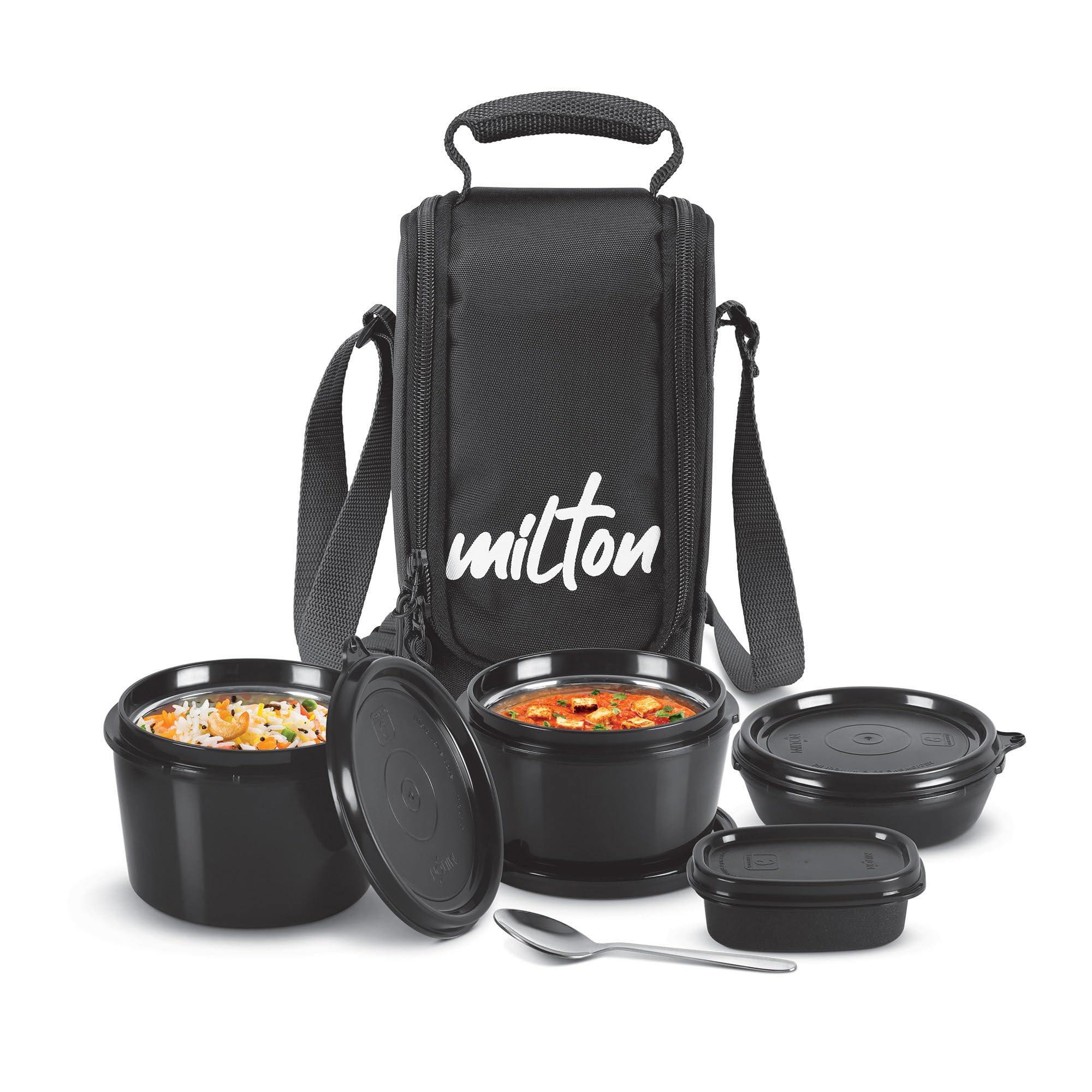 Milton Pro Munch Tiffin (3 Microwave Safe Inner Steel Containers,180/320/450/100Ml; 1 Plastic Chutney Dabba; Steel Spoon) With I
