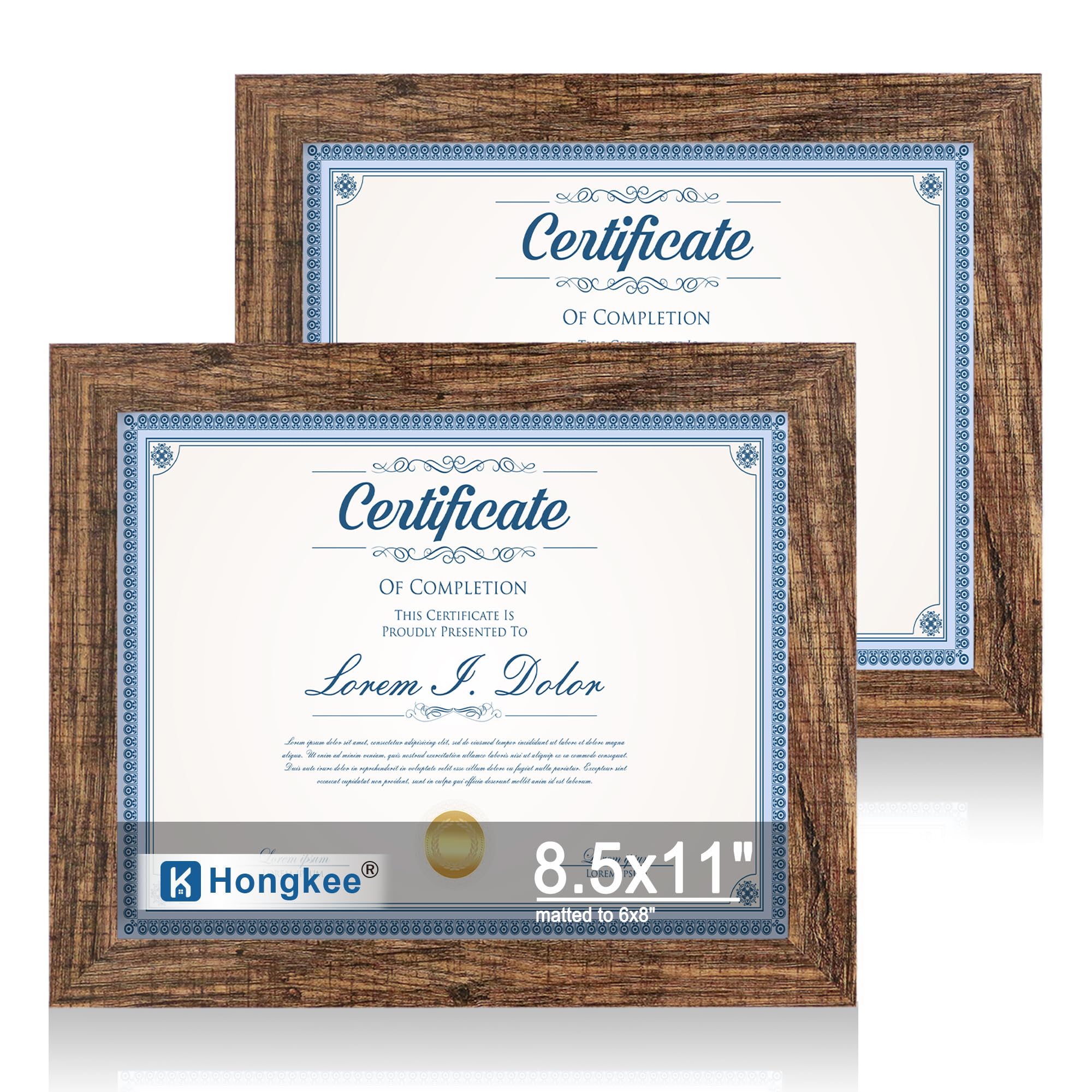 Hongkee 8.5 by 11 Diploma Picture Frame Set of 2, Made of Real Glass and Rustic Brown Certificate Frame, for Wall or Tabletop - 