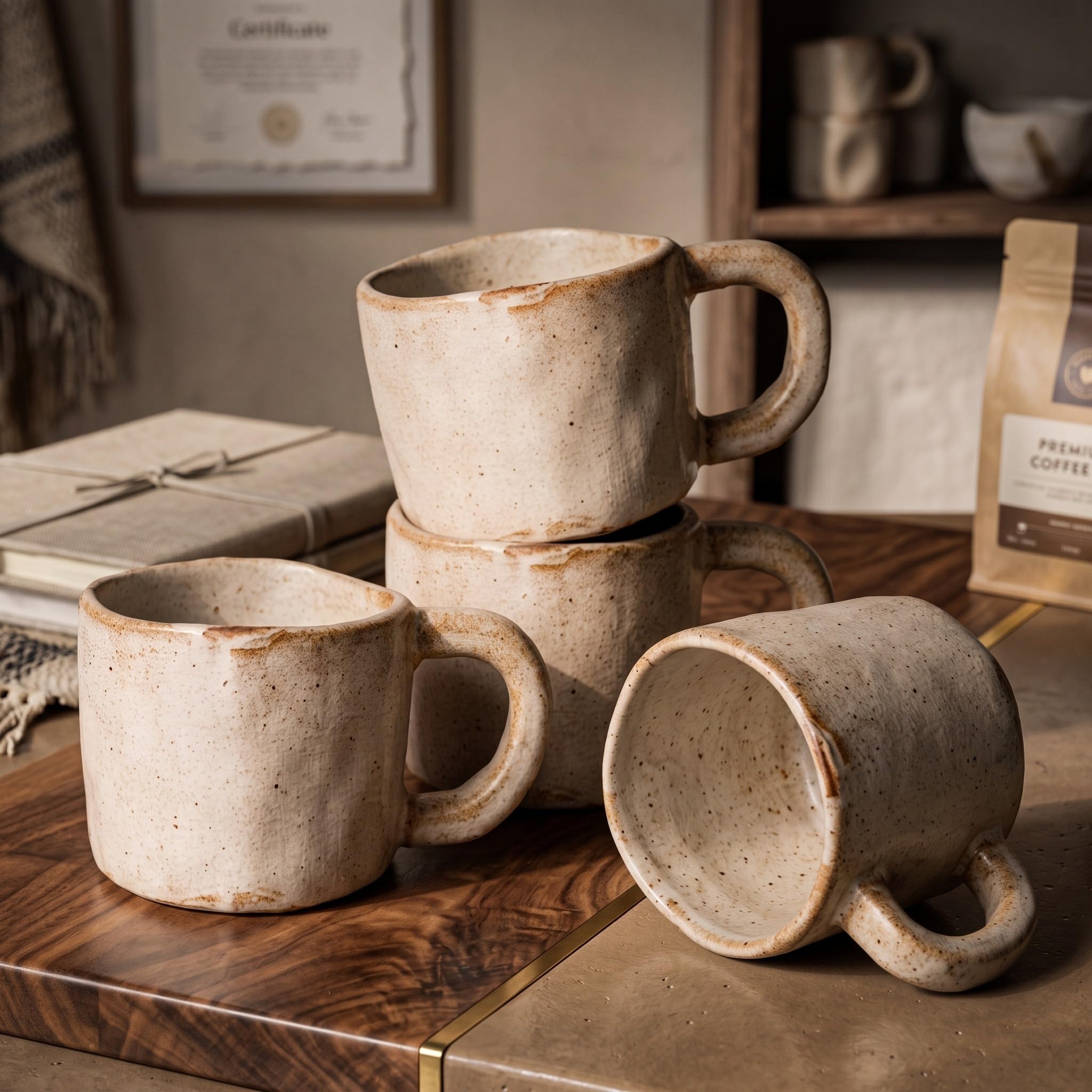 Rtteri Set of 4 Vintage Pottery Coffee Mugs, 8.5 oz Handmade Stoneware Cups