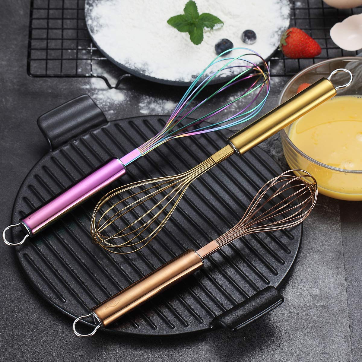Berglander Colorful Whisk Pack Of 3 Stainless Steel 8'' Gold Whisks For Cooking, 10'' Rose Gold Whisk, 12'' Rainbow Whisk, Wire