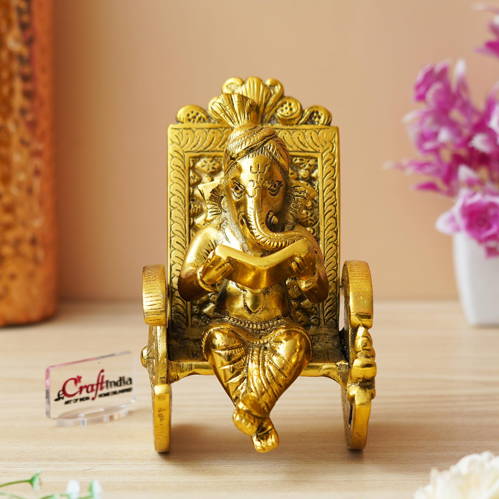 Ecraftindia Golden Metal Handcrafted Lord Ganesha Idol Reading Book On Rocking Chair - God Idol For Home Decor, Office Desk, And
