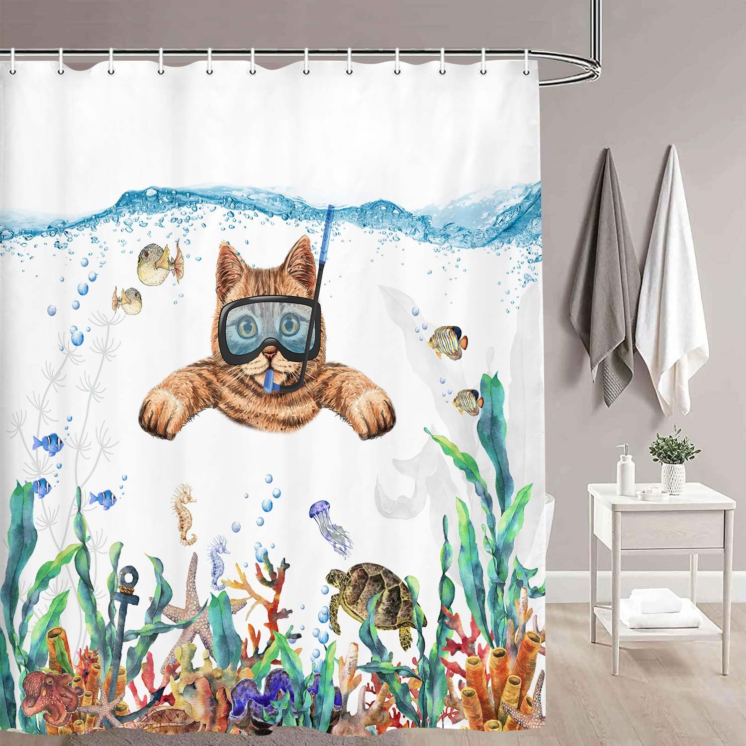 Uokiuki Funny Cat Fabric Shower Curtain, Cool Scuba Diving Cat Shower Curtain For Bathroom, Tropical Fish Coral Underwater Sea O
