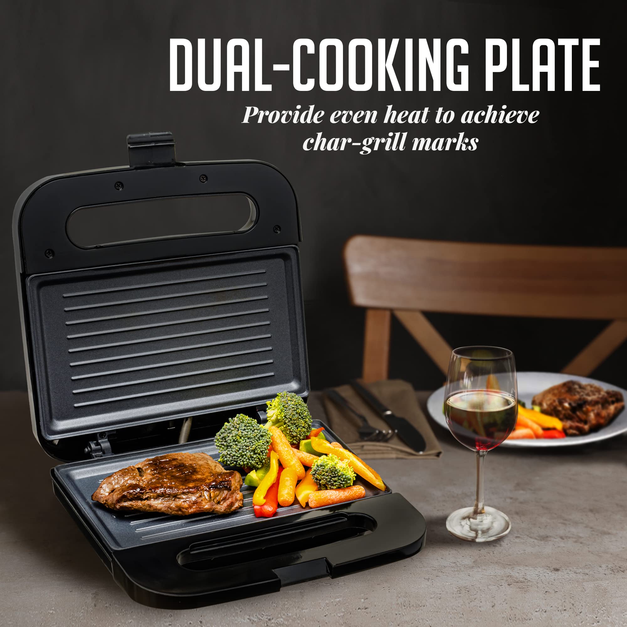 Ovente Electric Panini Press Grill With Nonstick Plates, Led Indicator Lights, Thermostat Control, Cool Touch Handle, Compact Sa