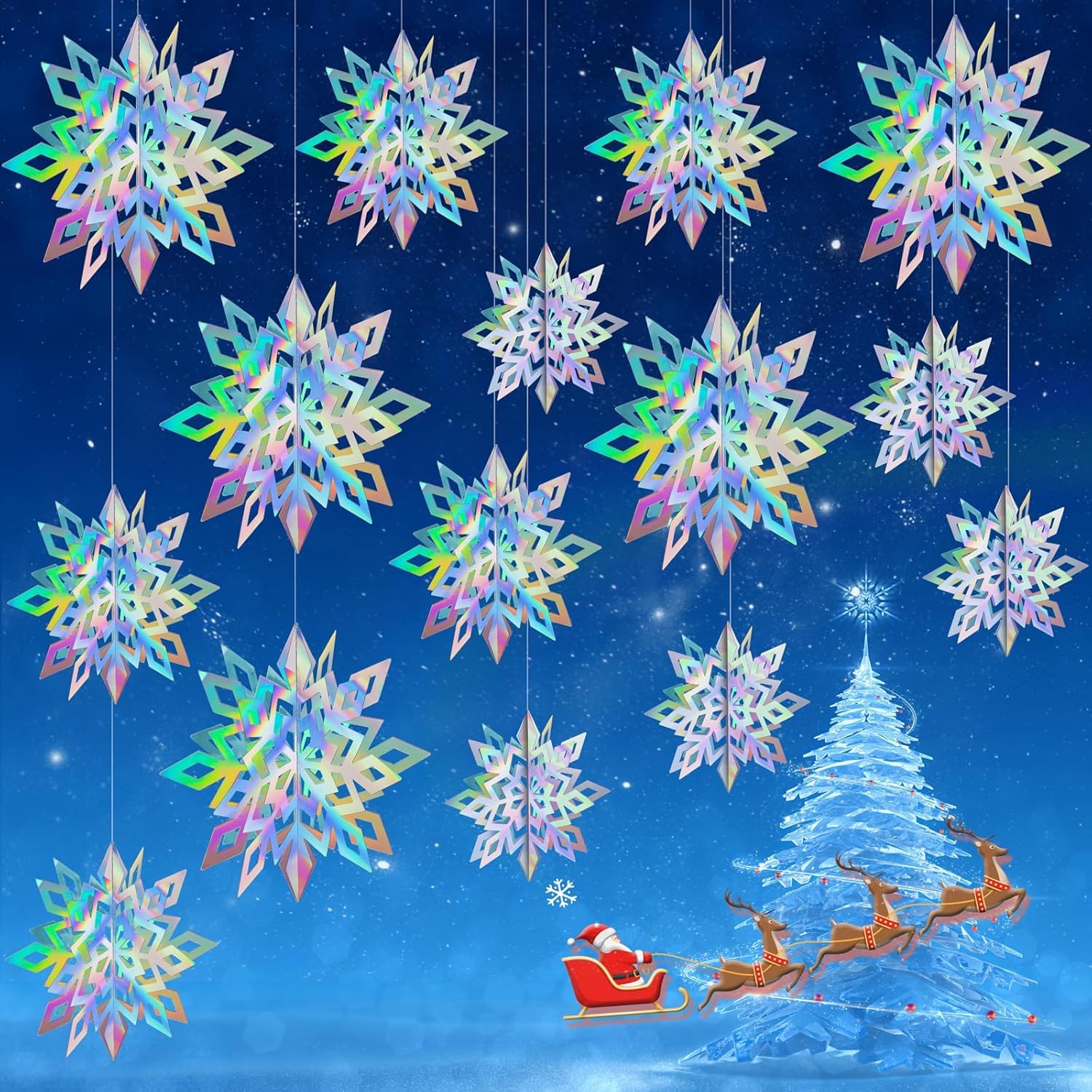 Crafare 18Pcs Christmas Hanging Holographic Snowflake Ornamnets 3D Paper Snowflakes Garland Sparkly 3 Size For Winter Wonderland