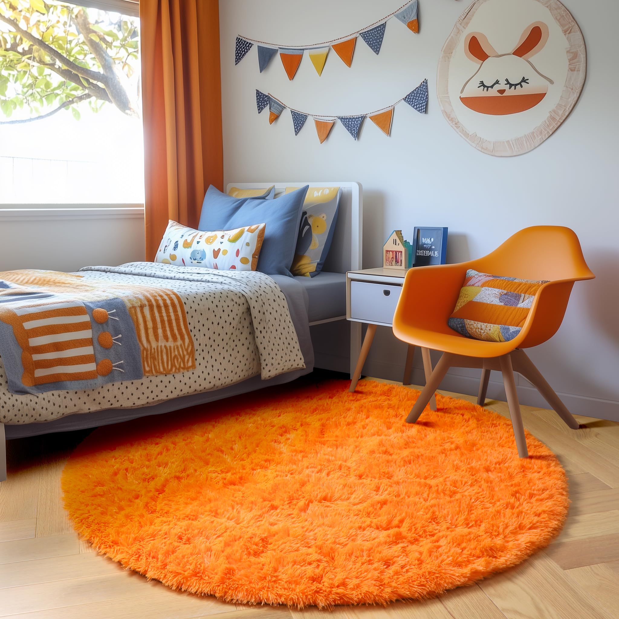 Amdrebio Orange Round Circle Rug 5Ft for Bedroom Living Room, Fluffy Fuzzy Shaggy Area Rugs for Kids Room Decor Aesthetic, Cute