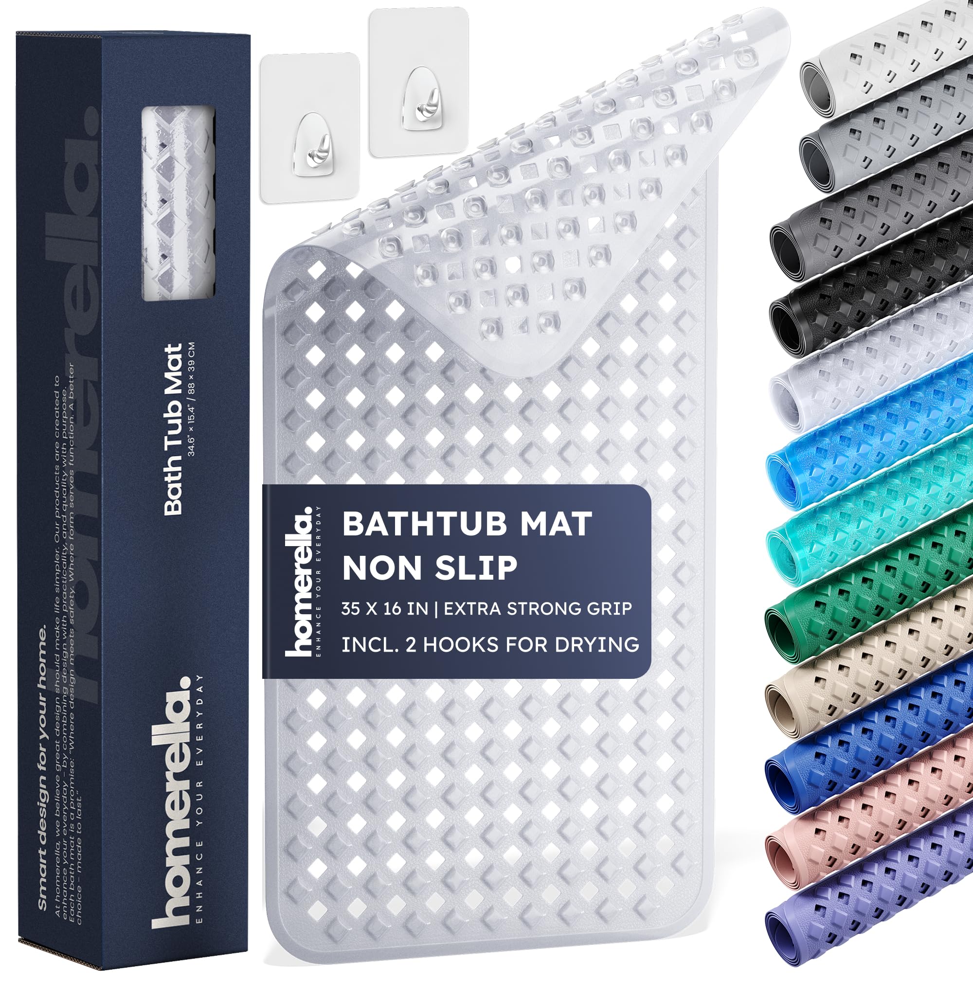 Homerella Bathtub Mat Anti-Slip Skin Sensitive 34.5 x 15.5 inches  INCL. Hooks for Hanging | Anti-Slip Tub Mat | Shower Mat Machine Washable | Bath Mat for Tub Anti-Slip (Clear)