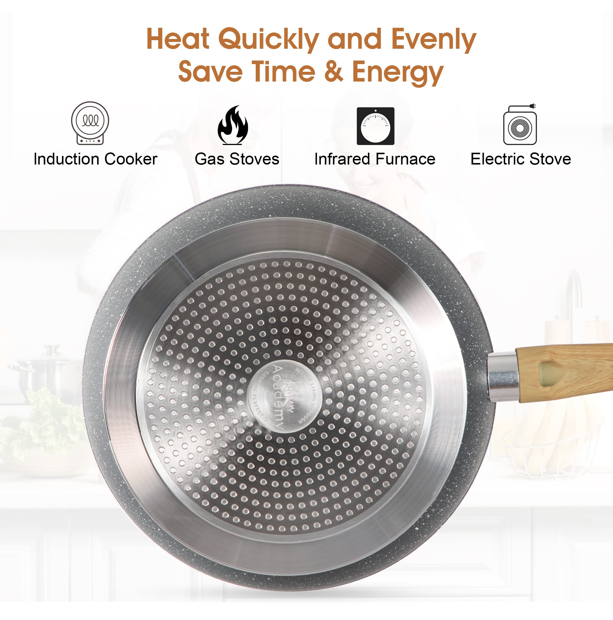 Kitchen Academy Induction Cookware Set - 17 Piece Gray Cooking Pan Set, Granite Non-Stick Pots and Pans Set