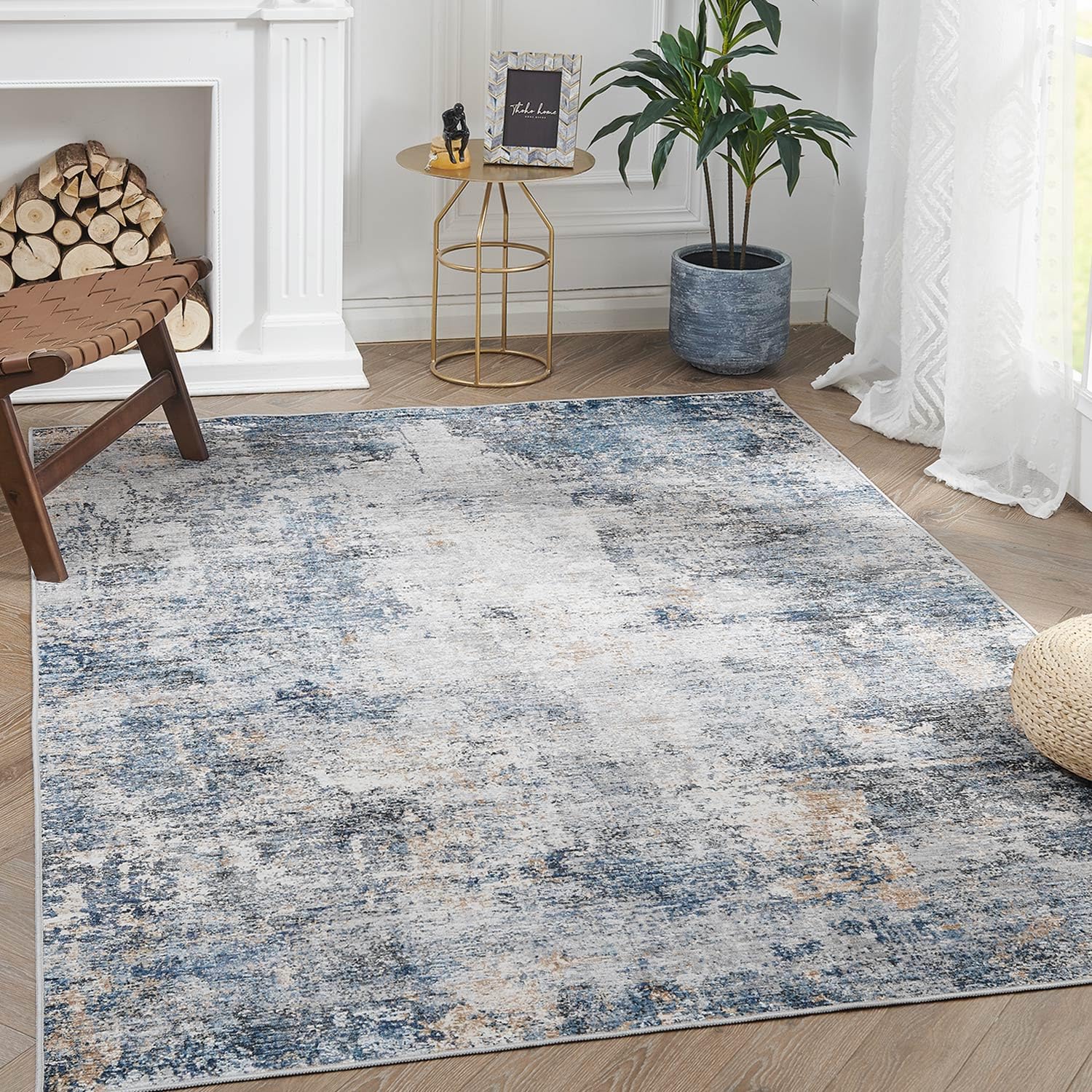 jinchan Area Rug 4x6 Washable Rug Modern Rug Abstract Floor Mat Blue Multi Print Rug Thin Rug Colorful Overdyed Distressed Mat K