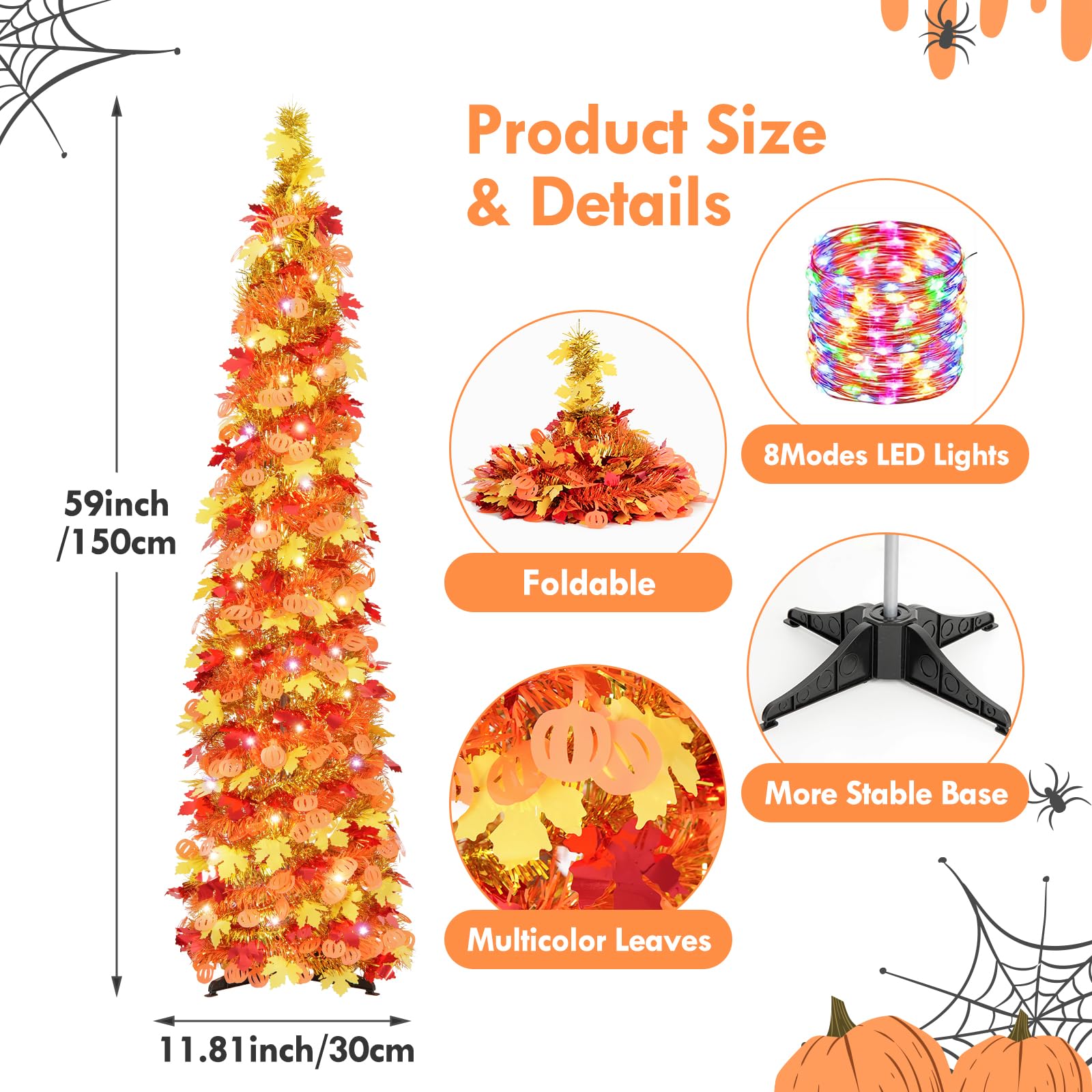 N&T NIETING Collapsible Pumpkin Decorations, Pop Up Fall Tree with Lights & Timer, Light Up Tree Home Decor, Tinsel Pencil Tree