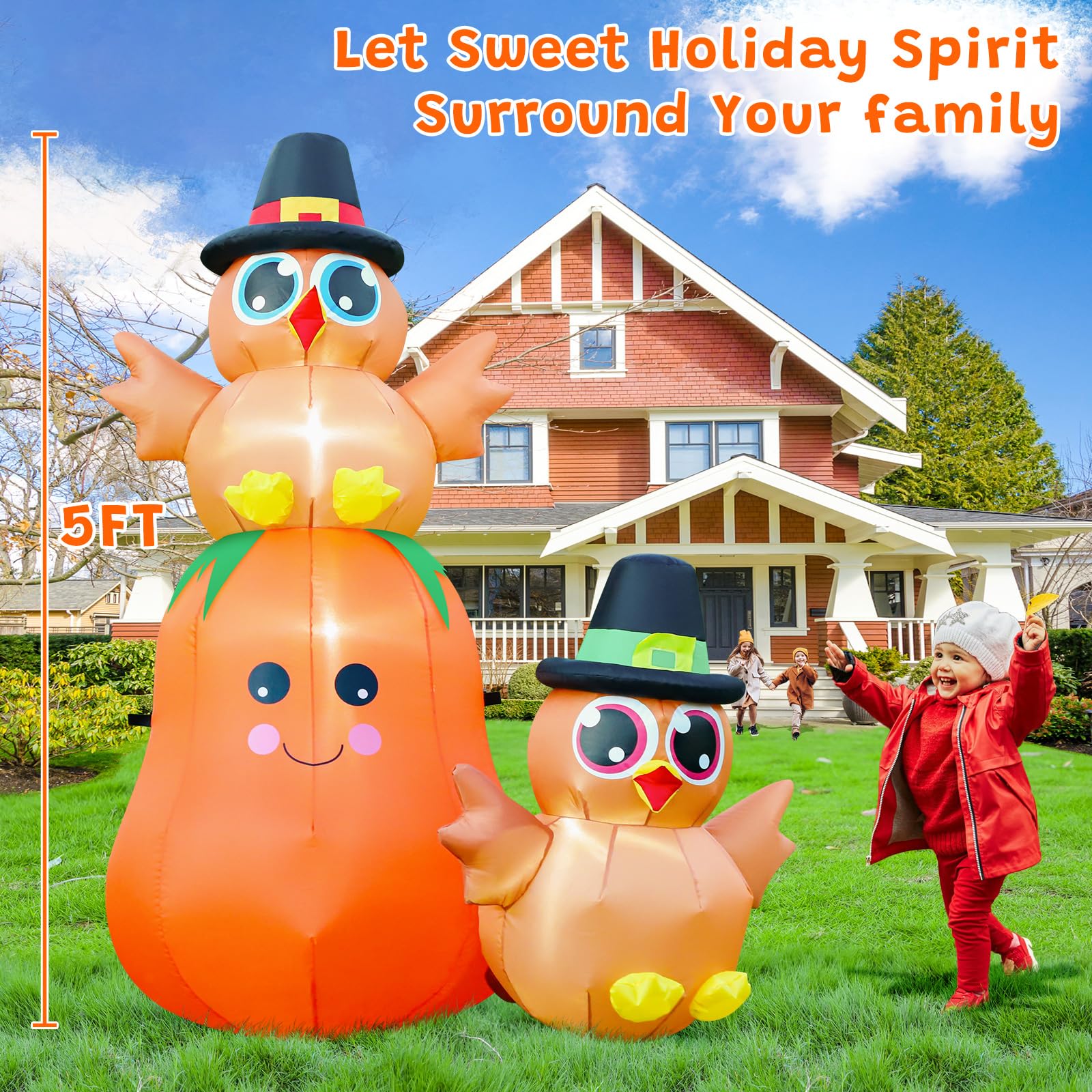 FunFanso 5FT Thanksgiving Inflatable Turkey on Pumpkin Outdoor Decoration, Lovely Blow Up Turkey with Built-in LED Lights for Ga