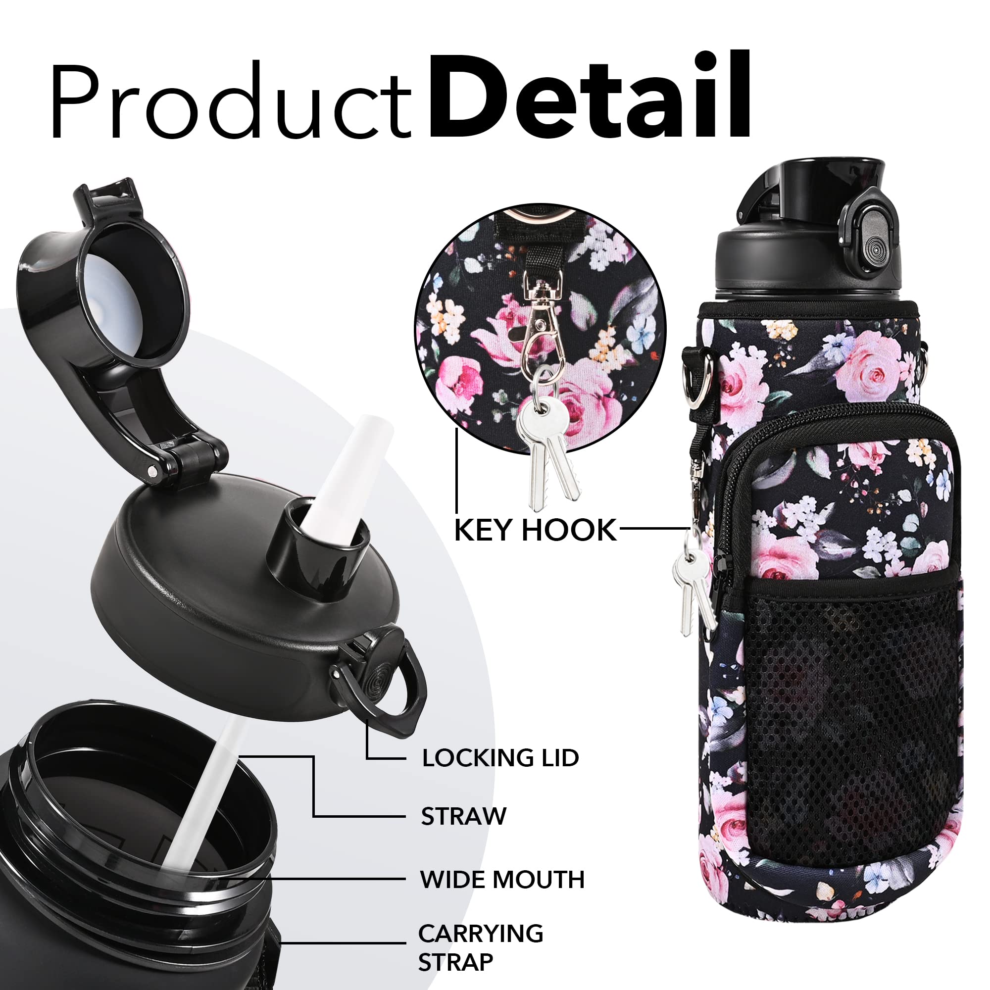 32 Oz Water Bottle With Storage Sleeve And Straw &Lid, Motivational Water Bottles With Times To Drink Bpa Free Reusable Gym Wate