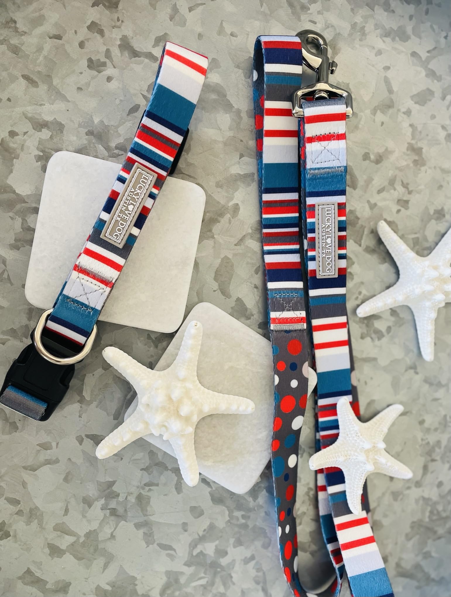 Lucky Love Dog Nautical Dog Collar and Leash Set, Medium Linus Combo, Polka Dot Striped Nylon for Male and Female Dogs
