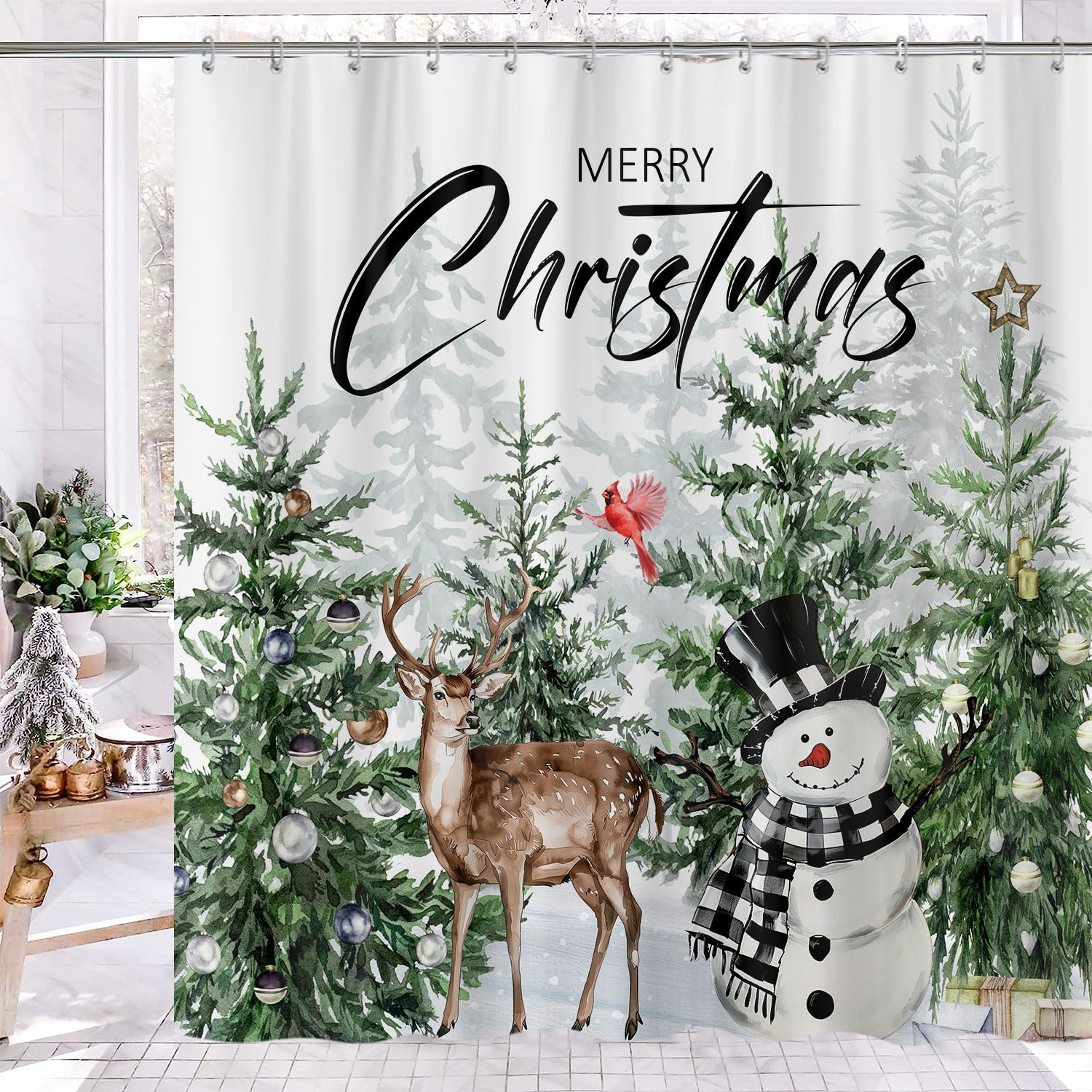 Farmhouse Christmas Forest Shower Curtain Set, Rustic Winter Woodland Snowy Snowflake Snowman Green Pine Tree Deer Cardinal Deco
