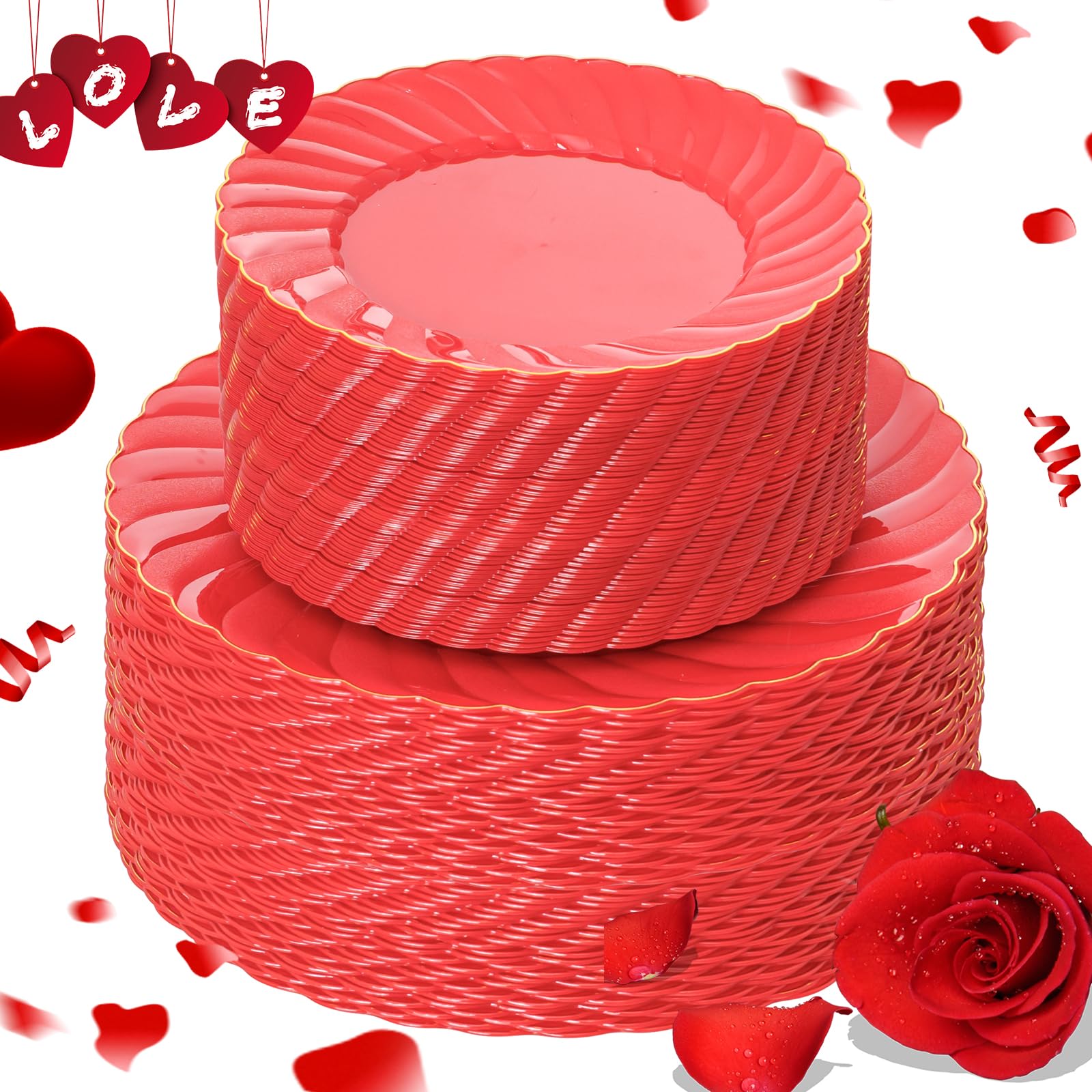 U-Qe 100Pcs Red Plastic Plates - Heavy Duty Valentines Plates Disposable For Party With Gold Rim - Include 50Pcs 9Inch Red Dinne