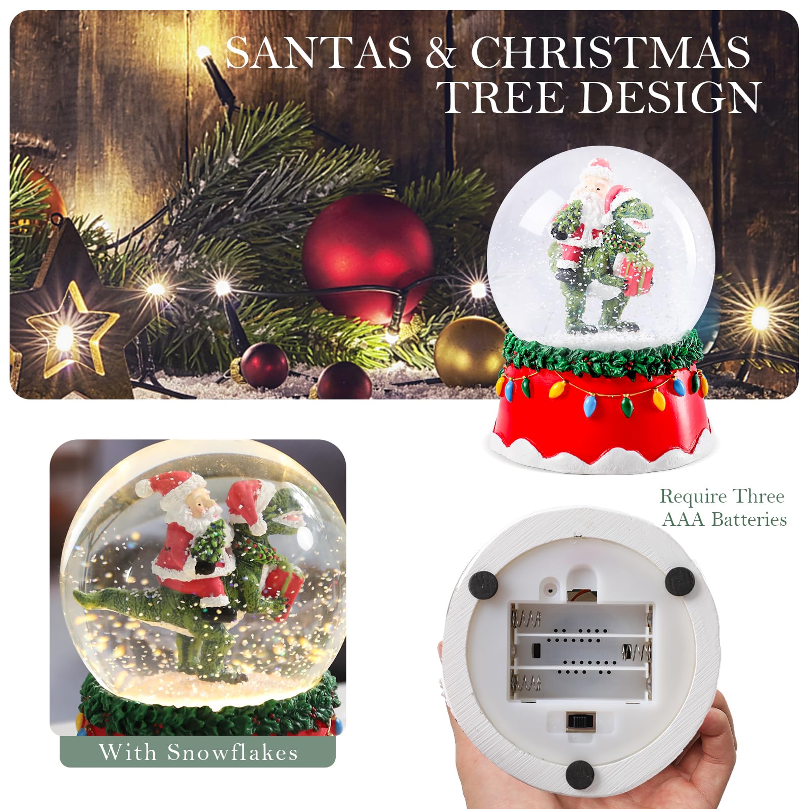 Christmas Snow Globe with Santa and Dinosaur, 3.9x3.9x5.1 Inch LED Light-Up and Music, Battery Operated Holiday Decoration - Fes