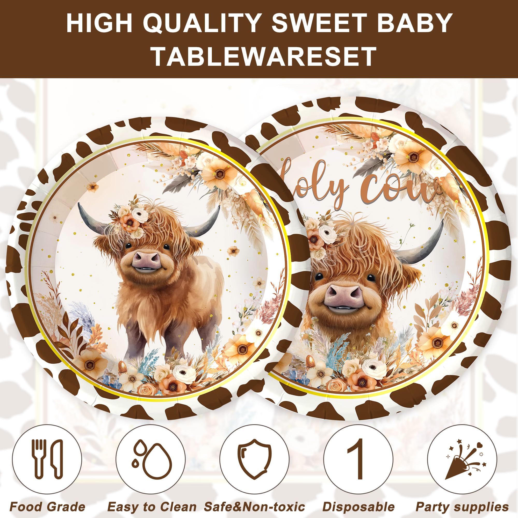 120Pcs Boho Highland Cow Party Supplies For Boys Girls Holy Cow Highland Themed Baby Shower Birthday Party Decorations Disposabl