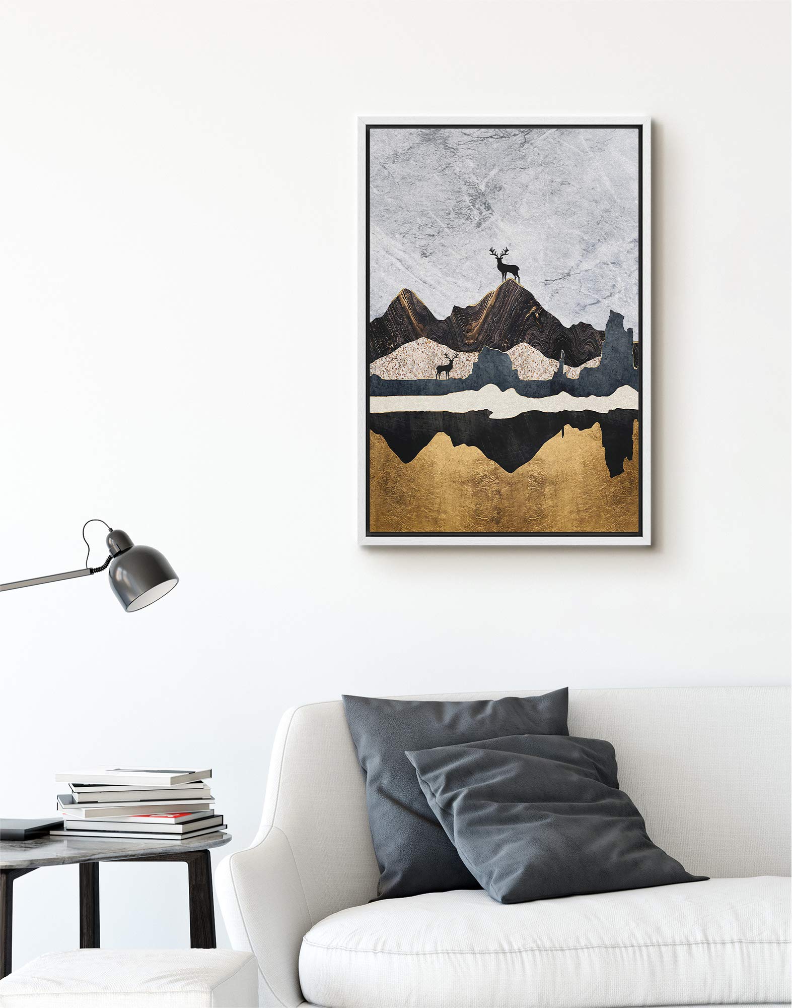 Signford Framed Canvas Print Wall Art Elk Duo On Dark Marble Effect Mountains Abstract Wilderness Illustrations Modern Art Conte