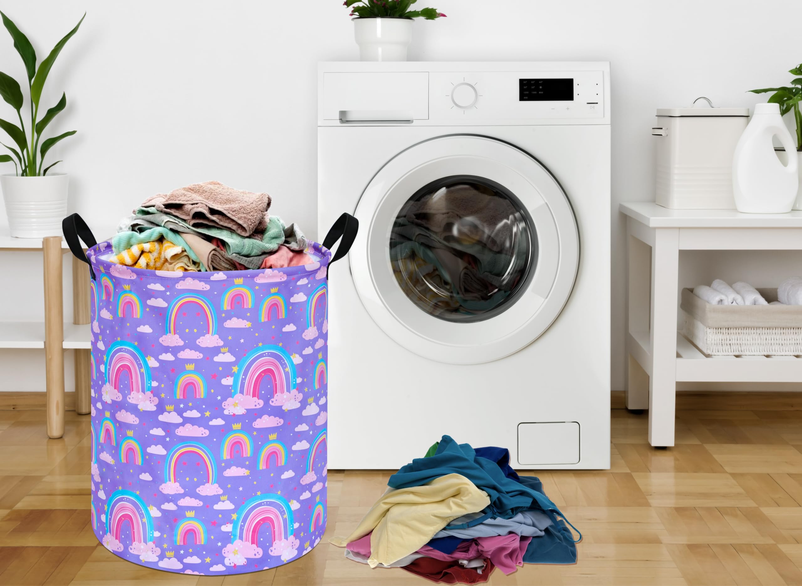 Acmuuni 19.7 Inch Purple Rainbow Round Kids Round Laundry Clothes Hamper Dino Laundry Basket With Handles,Baby Toys Storage Orga
