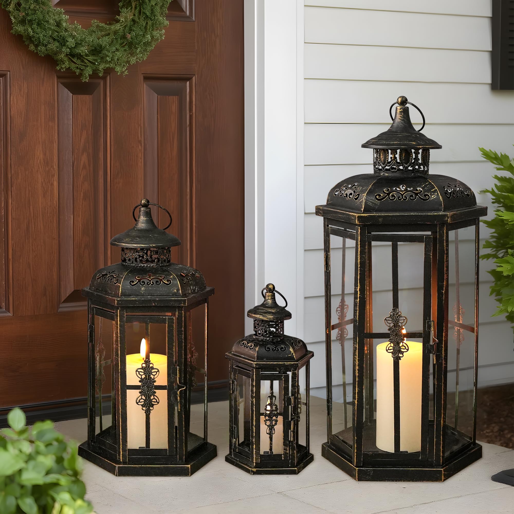 JHY DESIGN Set of 3 Decorative Candle Lanterns 20''&14&10 H Outdoor Candle Lanterns Vintage Metal Cand leholder for Indoor Outdo