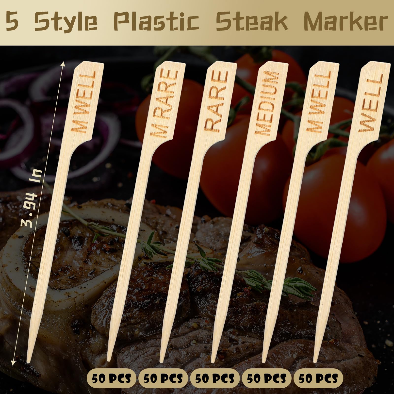 Thyle 200 Pcs 3.94 Inch Assorted Bamboo Steak Markers Wood Meat Marker Sticks Steak Temperature Sticks Meat Doneness Picks Bambo