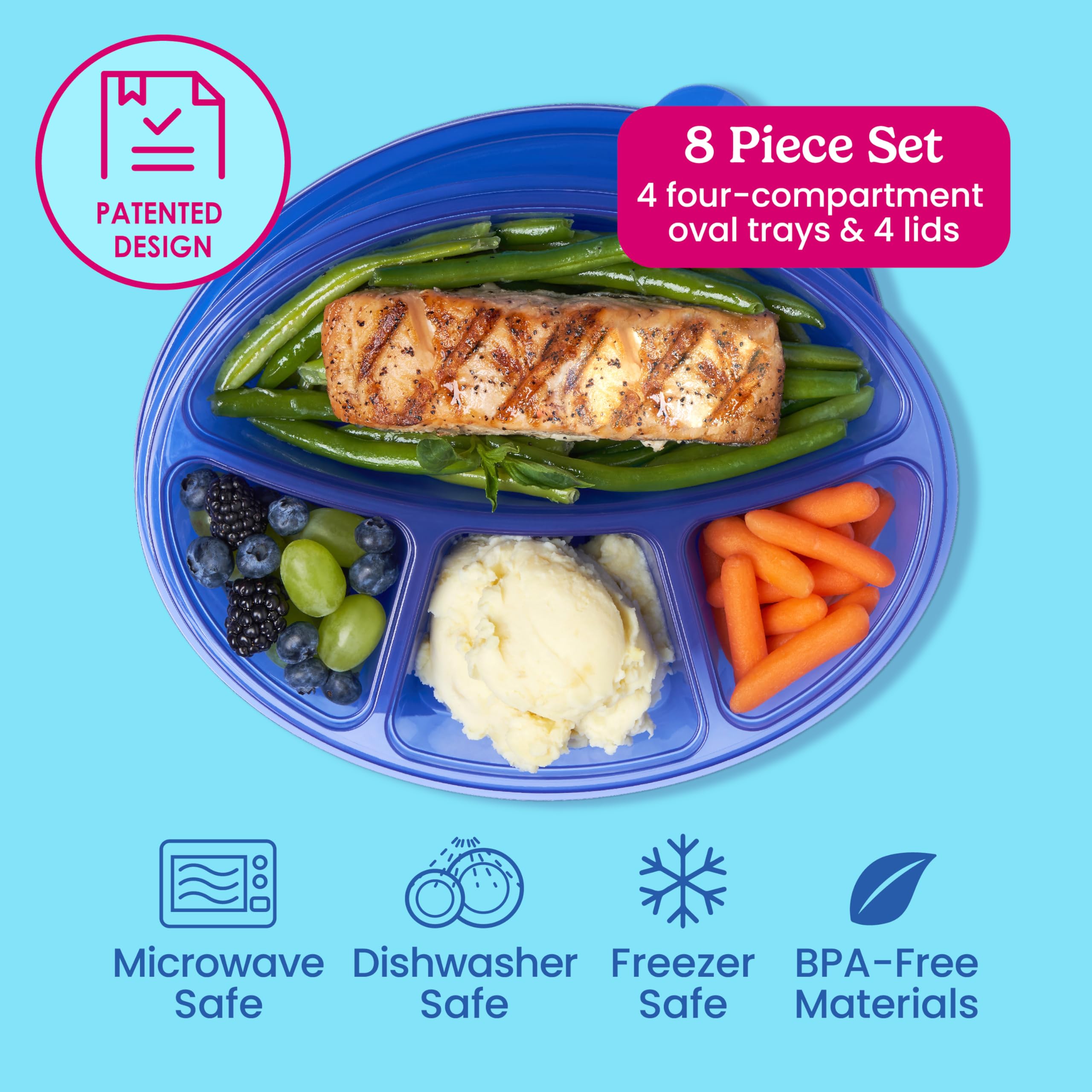 Bentgo Easyboxes 4-Compartment Oval Containers - Patented Design 8-Piece Set; 4 Trays & 4 Fitted Lids Seal In Freshness; Reusabl