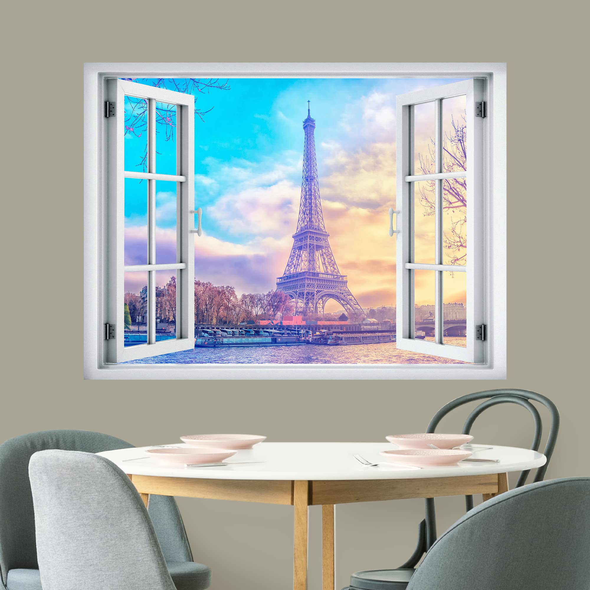 wall26 Removable Wall Sticker/Wall Mural Window View Pastel Sunset Paris France Eiffel Tower Nature Wilderness Photography Realism Landscape Multicolor for Living Room  Bedroom  Office - 24''x32''