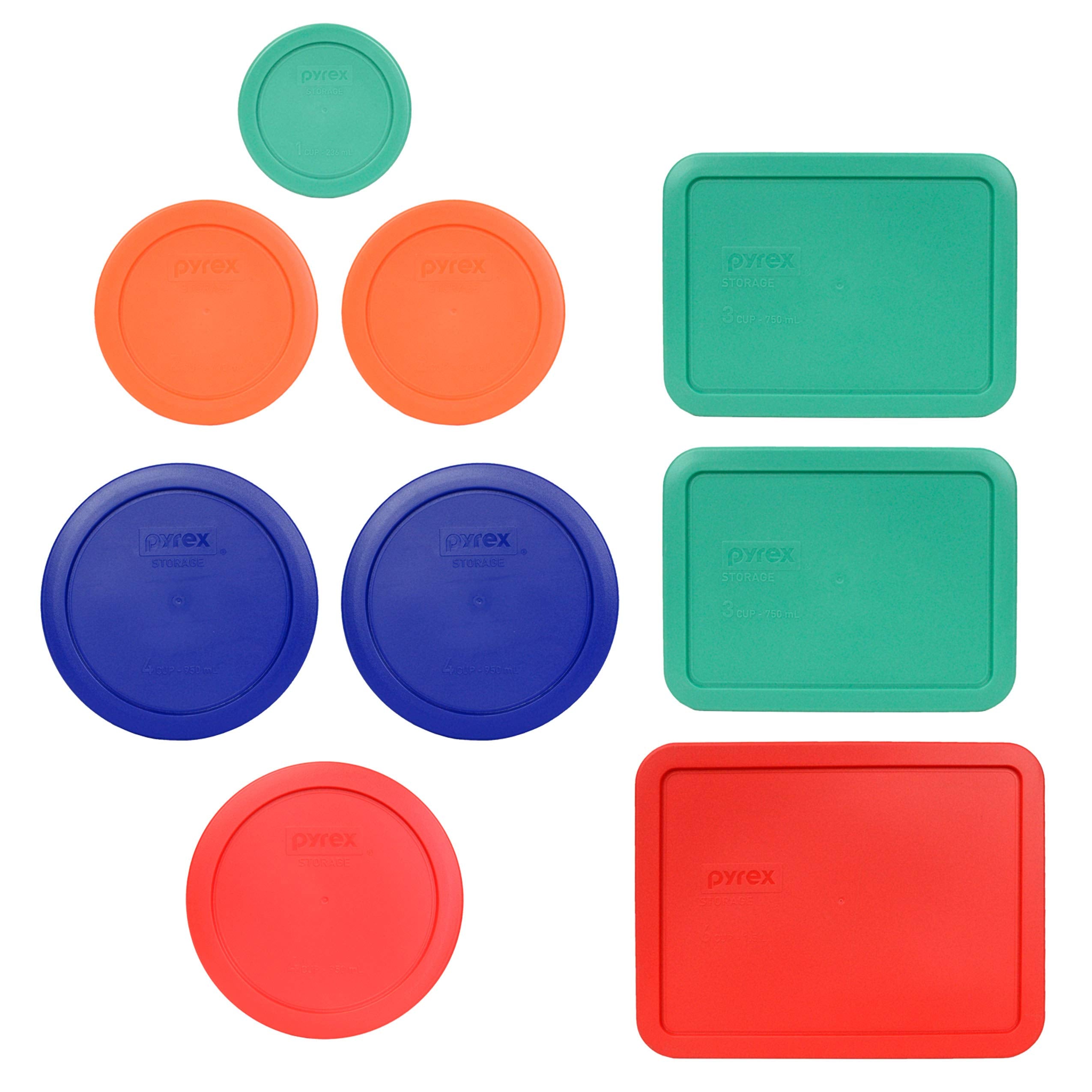 Pyrex (1) 7202-Pc 1 Cup Green (2) 7200-Pc 2 Cup Orange (2) 7201-Pc 4 Cup Cadet Blue (1) 7201-Pc 4 Cup Red (2) 7210-Pc 3 Cup Ligh