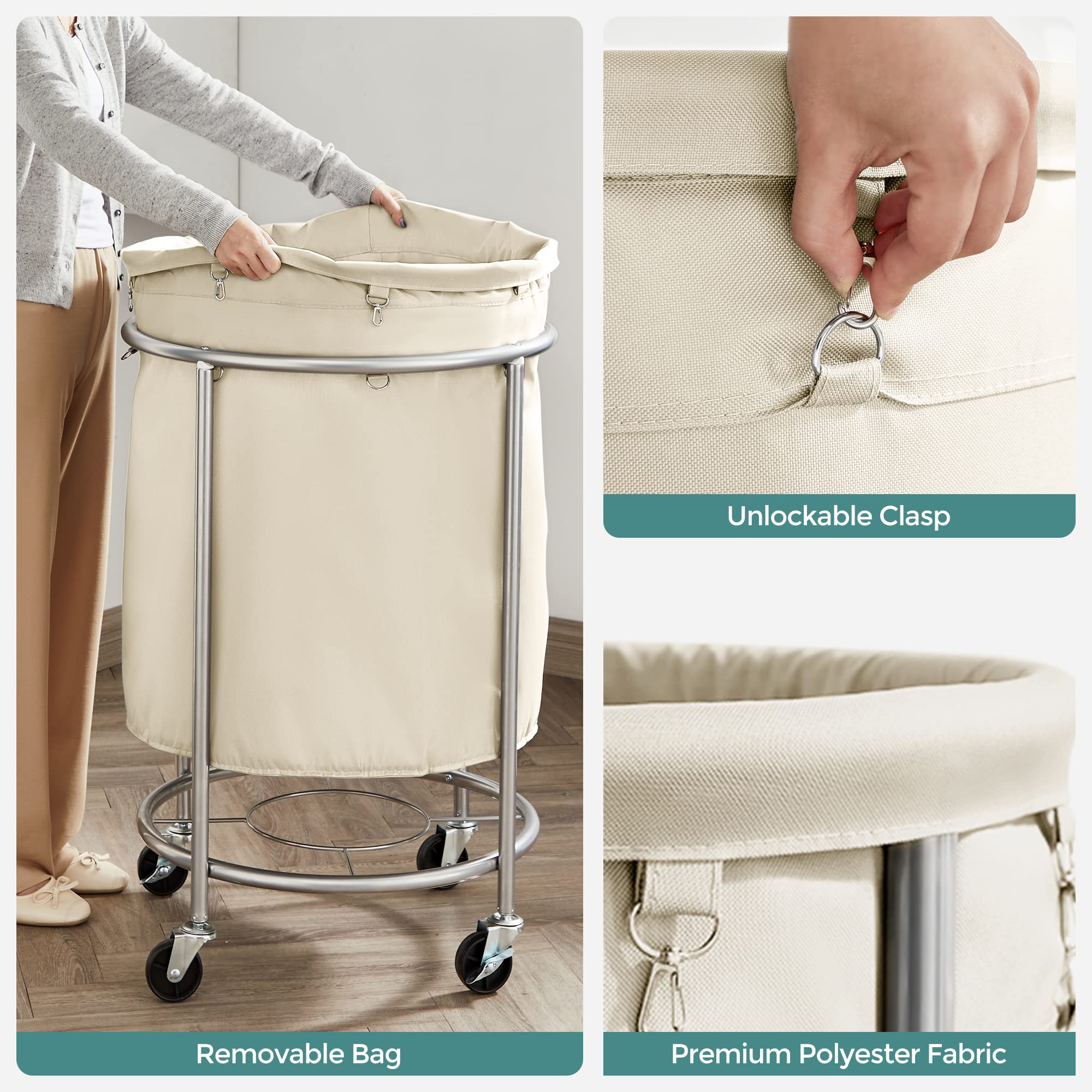 Songmics Laundry Basket With Wheels, Rolling Laundry Hamper, 45 Gal., Round Laundry Cart With Steel Frame And Removable Bag, 4 C