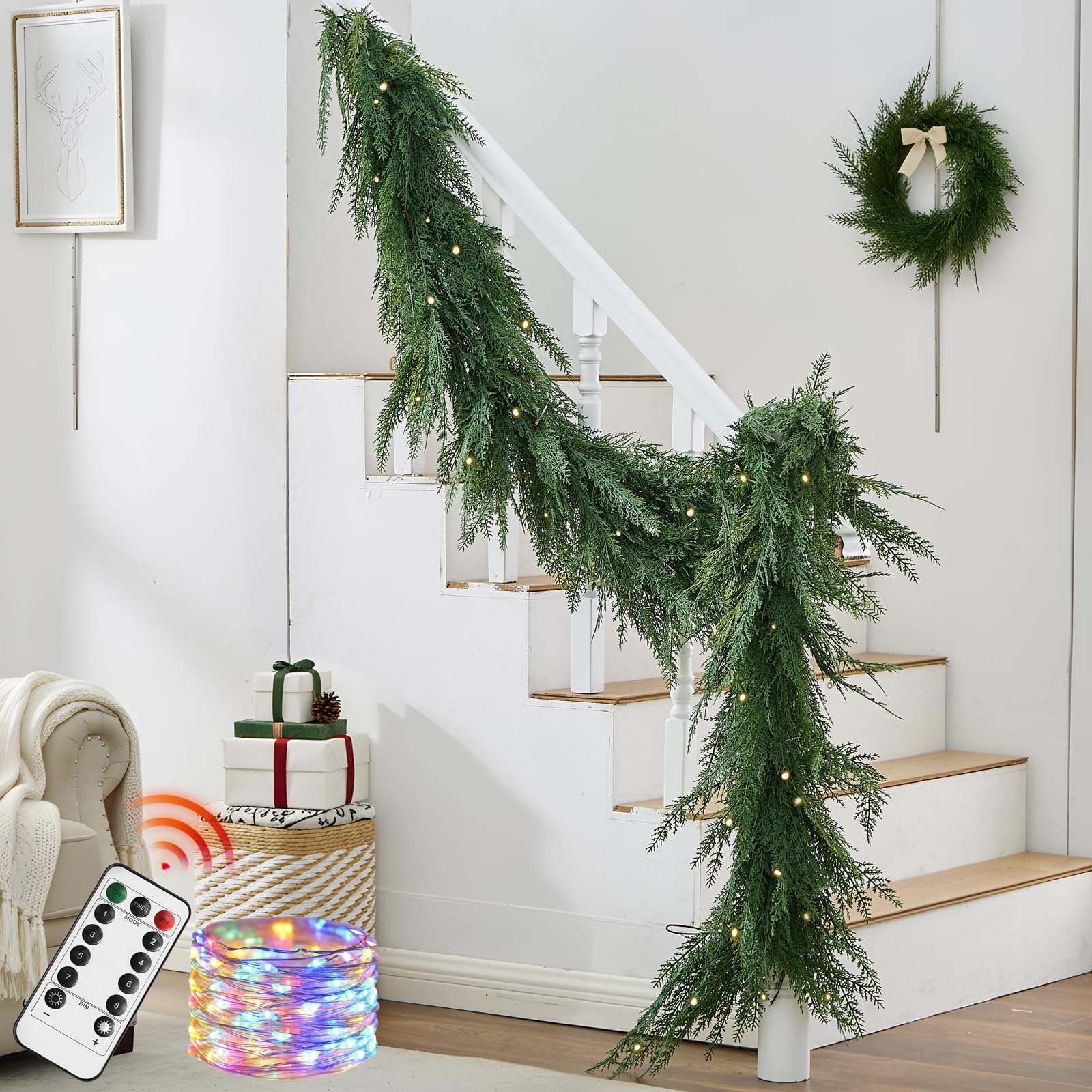 Christmas Cedar Garland Realistic with Lights - Cypress Decorations 9ft for Mantle Lighted Faux Pine Garlands for Xmas Home Deco