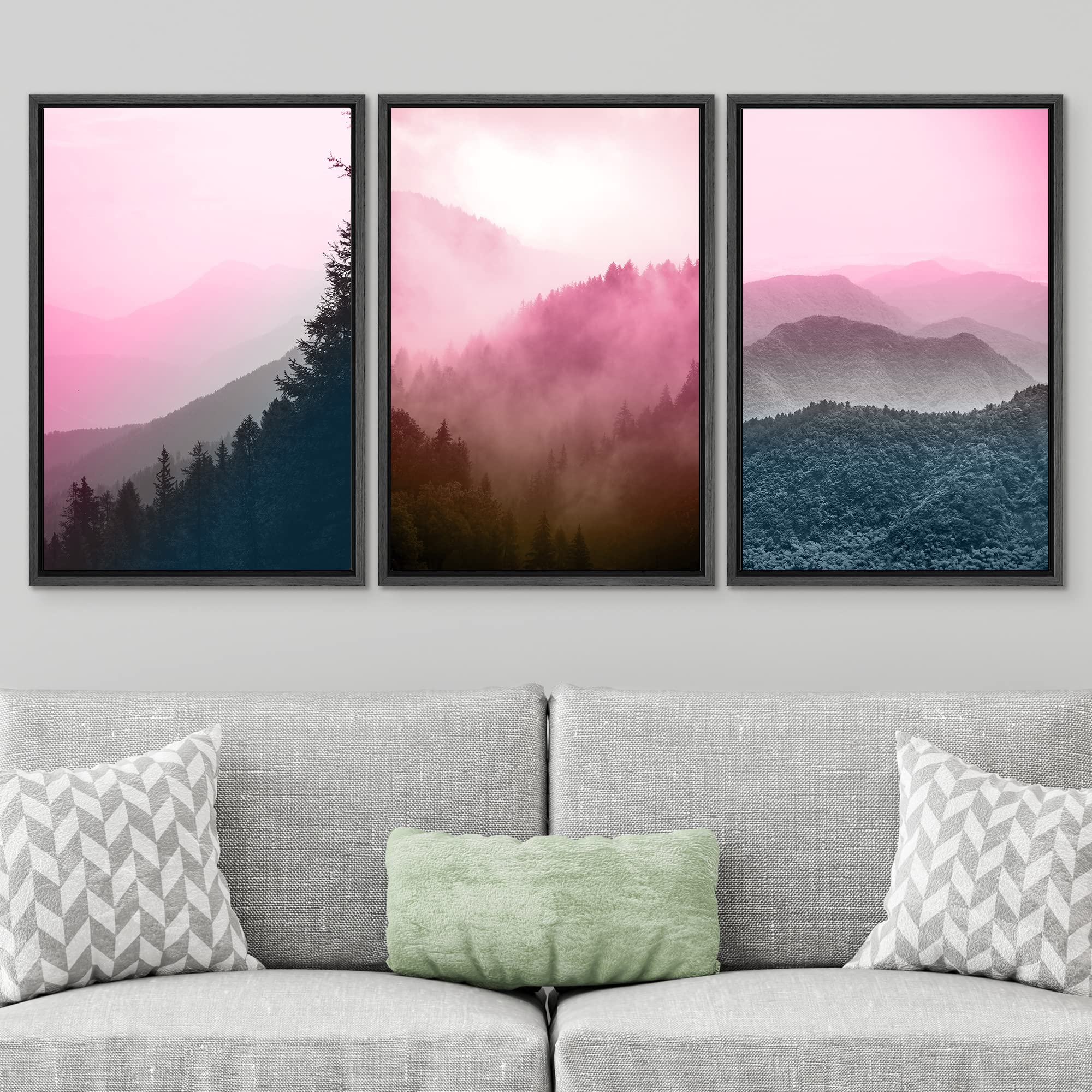 Signwin Framed Canvas Print Wall Art Set Duotone Neon Pink Teal Mountain Forest Nature Wilderness Photography Modern Art Rustic