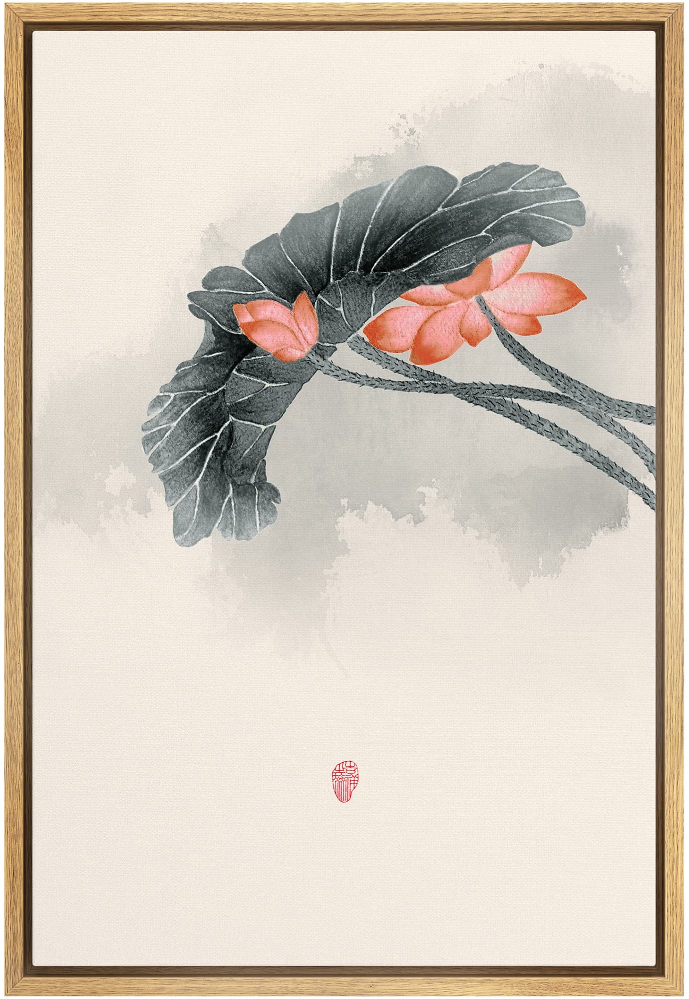 Nwt Framed Canvas Print Wall Art Watercolor Chinese Style Red & Pink Lotus Flowers Nature Wilderness Illustrations Modern Art Ru