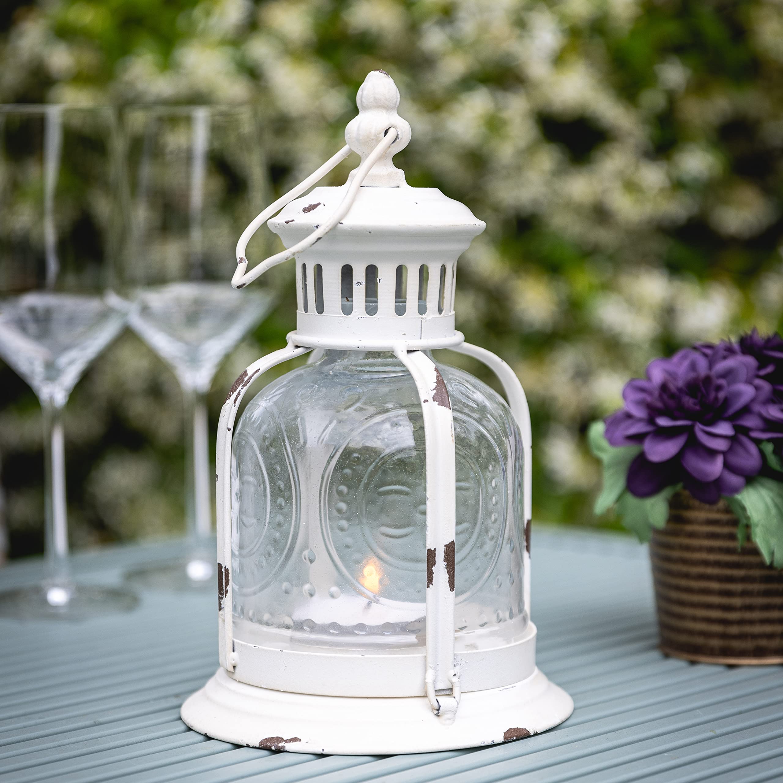 Stonebriar Antique Worn White Metal Candle Lantern, Use As Decoration for Birthday Parties, a Rustic Wedding Centerpiece, or Cre