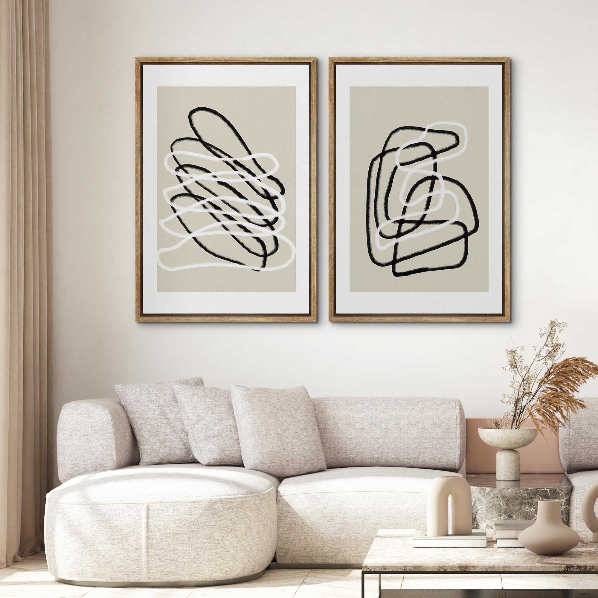 Signwin Framed Wall Art Print Set Black And White Lines Tangled Tan Background Abstract Swirly Cozy Neutral Modern Art Mid-Centu