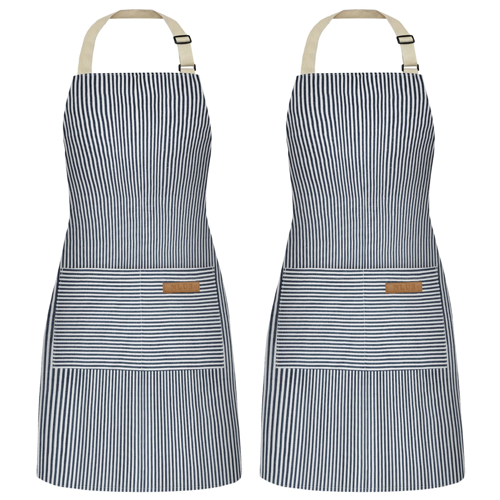 Nlus 2 Pack Cooking Aprons For Women With Pockets, Adjustable Kitchen Bib Aprons Chef Aprons For Women Men(Blue Pinstripes)